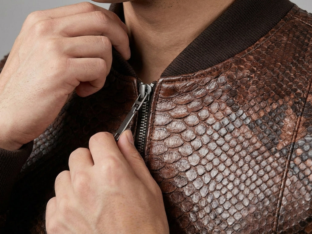 Close-up of brown snakeskin leather bomber jacket zip and textured leather