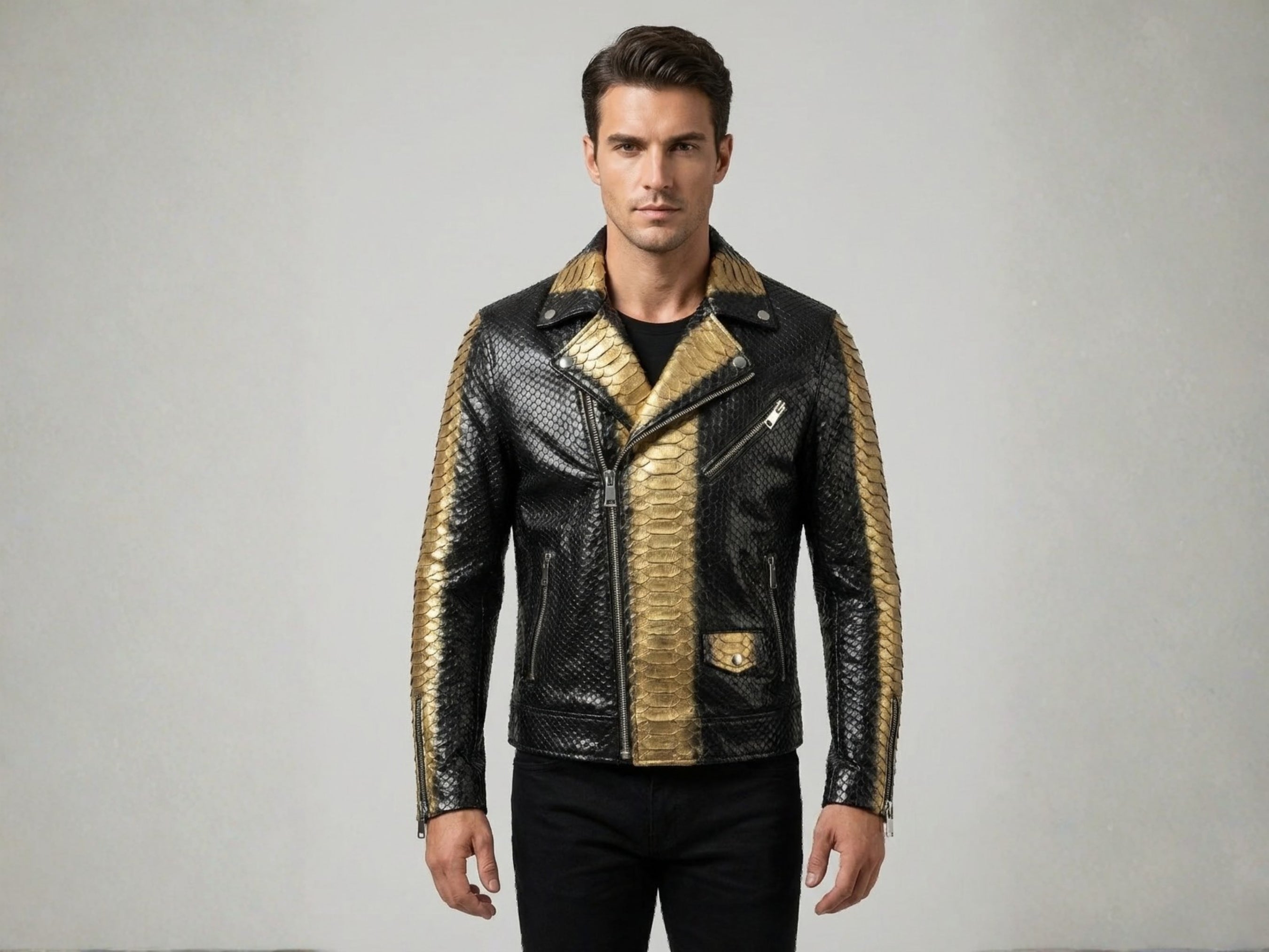 Python snakeskin biker jacket with black zip front, gold scale front panel, snap collar