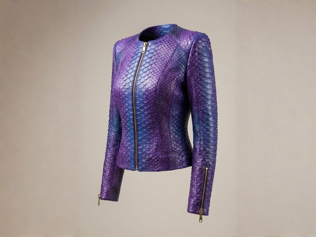 Purple-blue snakeskin jacket with front zip and gold zipper cuffs