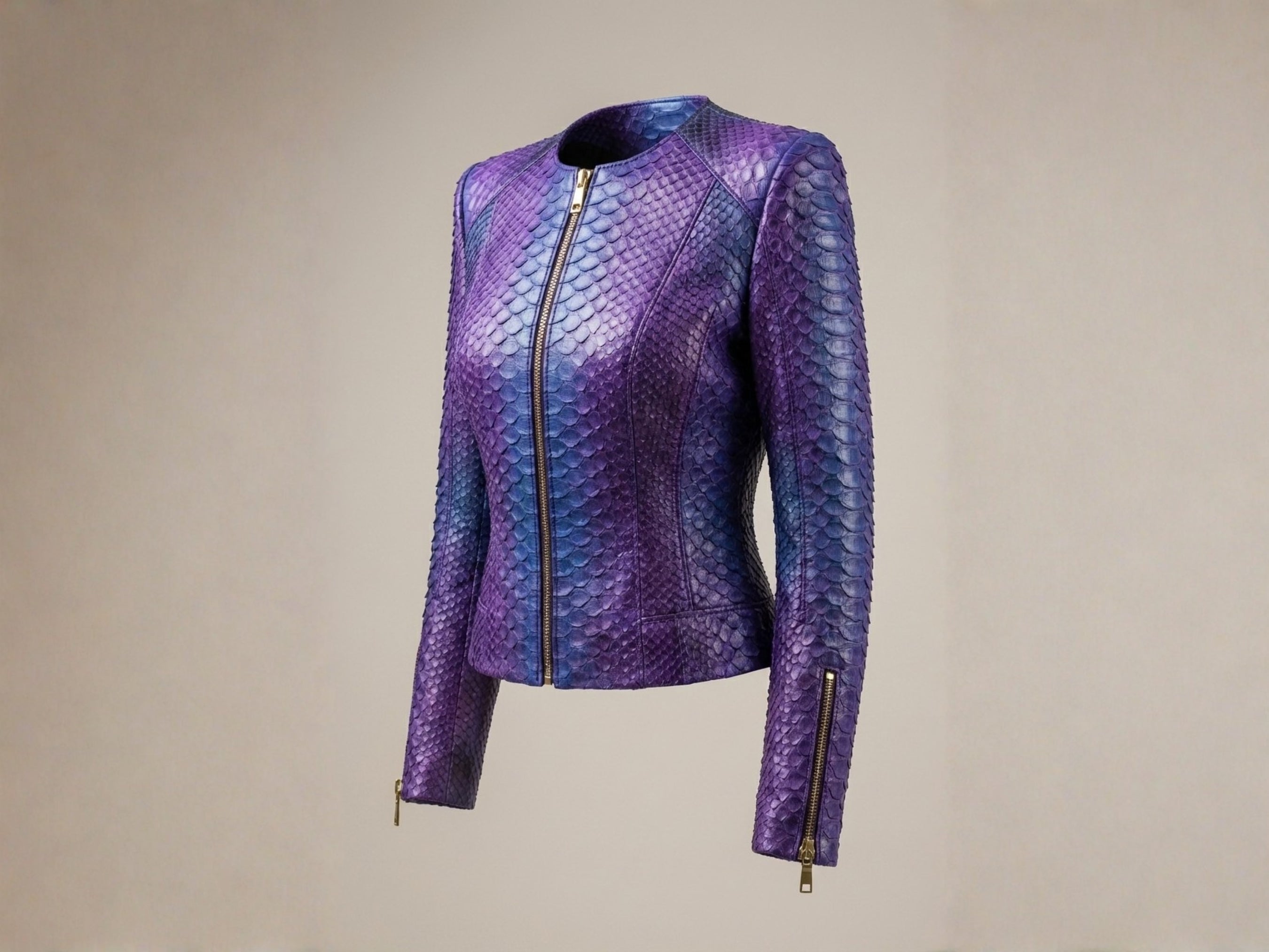 Purple-blue snakeskin jacket with front zip and gold zipper cuffs