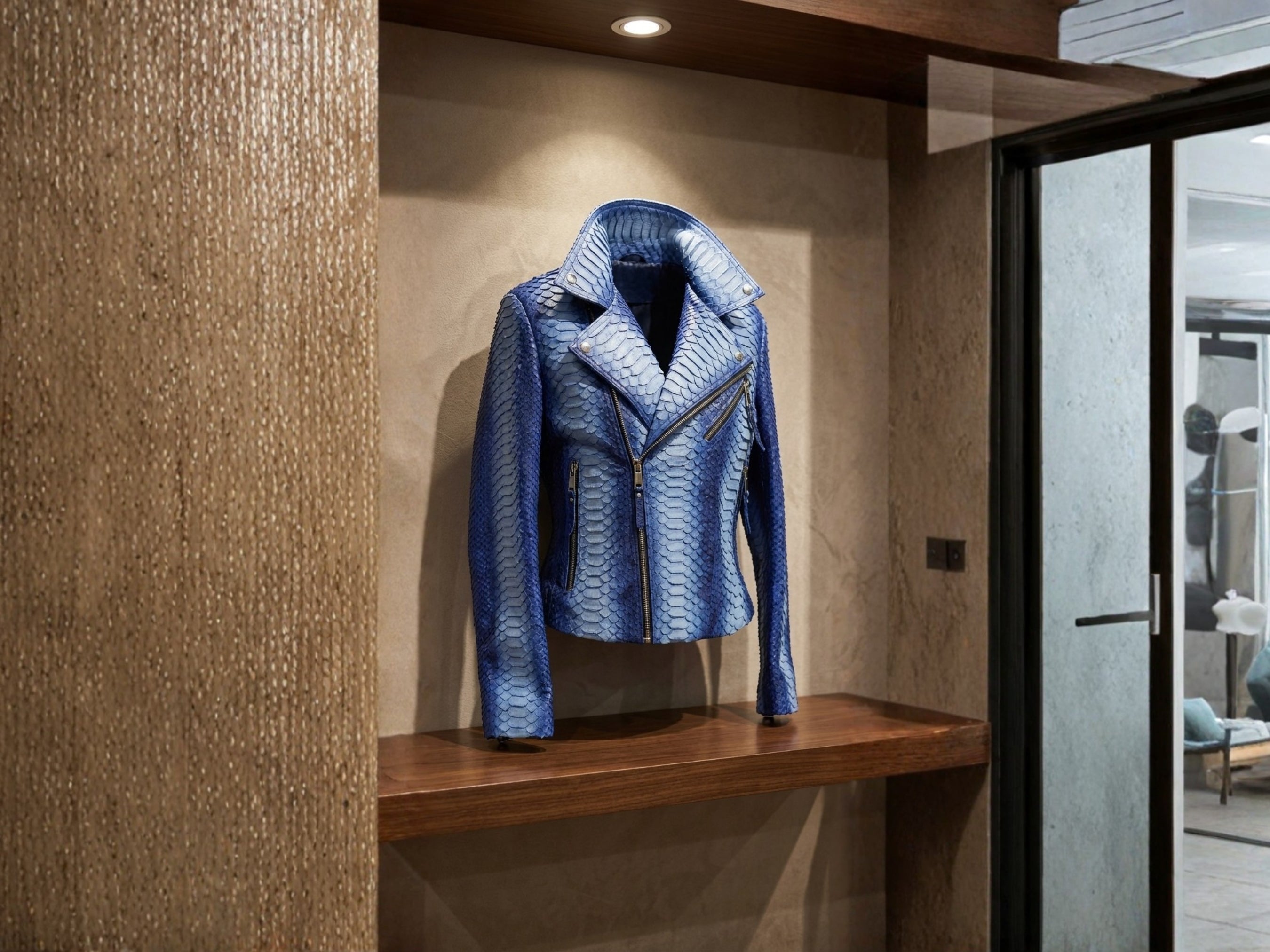 Blue snakeskin-effect biker jacket displayed on pedestal with asym zip front and lapels.