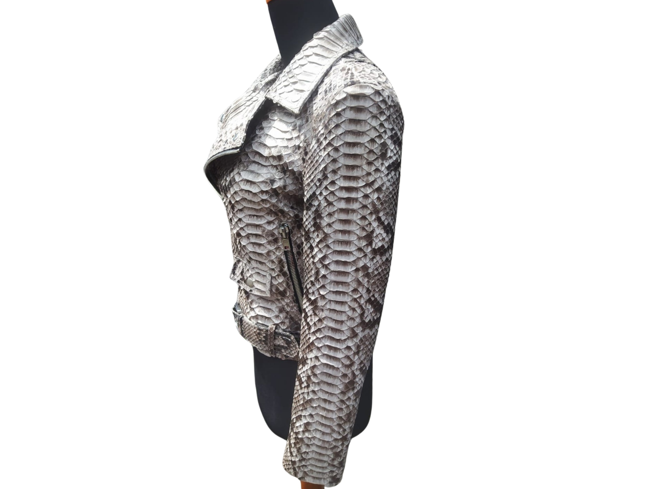 Snakeskin biker jacket with belt accent, silver-gray textured pattern, side view
