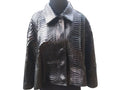 Snakeskin short leather cape with dark and silver snake print, front button closure, cape collar
