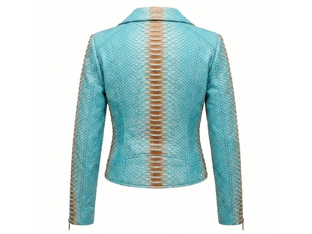 Turquoise snakeskin leather jacket back view with stand collar and zip cuffs