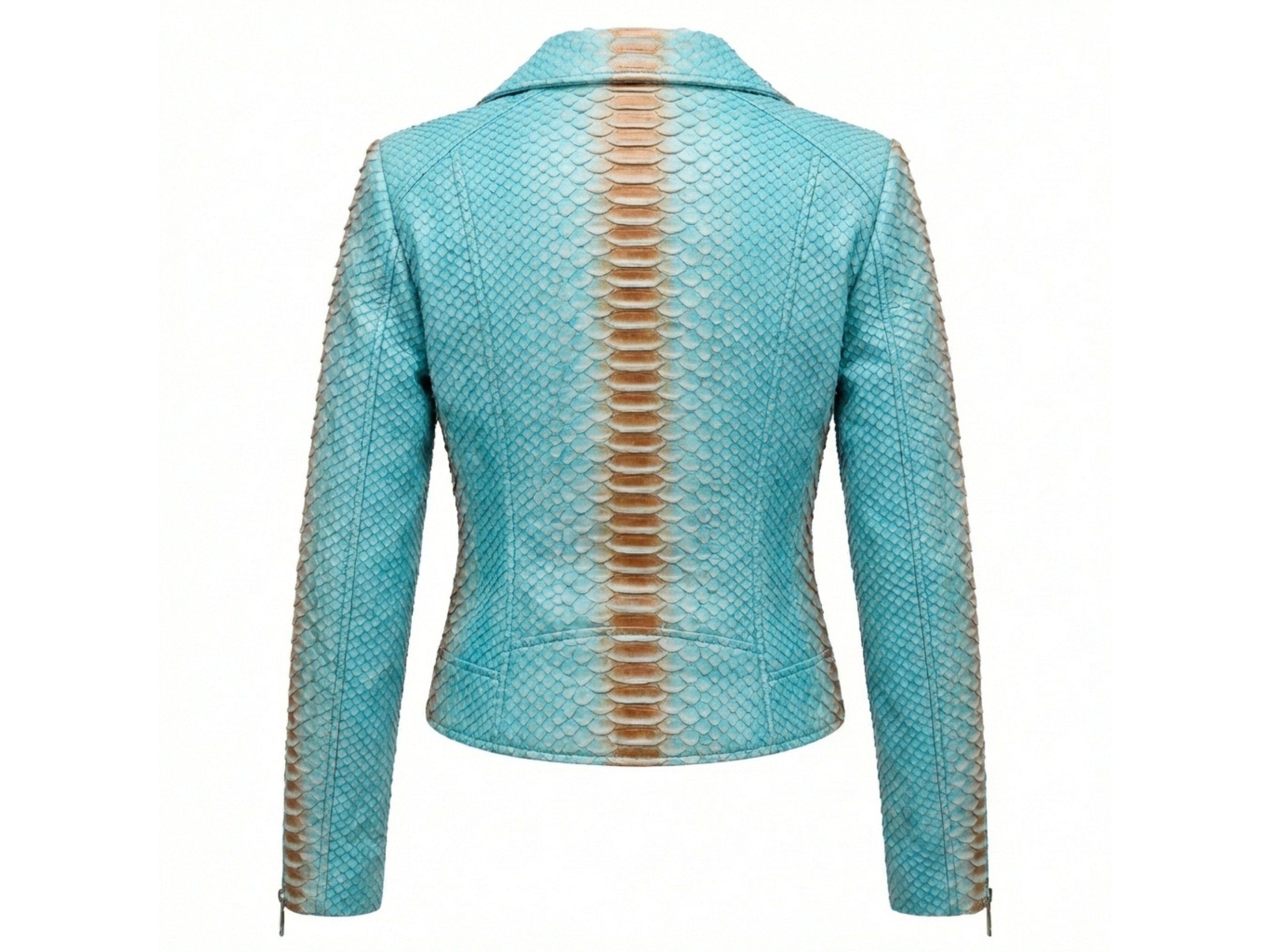 Turquoise snakeskin leather jacket back view with stand collar and zip cuffs