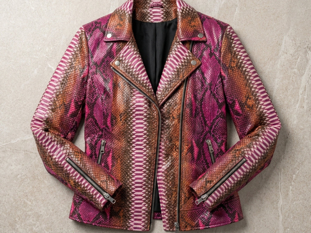 Pink and brown snakeskin leather biker jacket front view with double-zip pockets