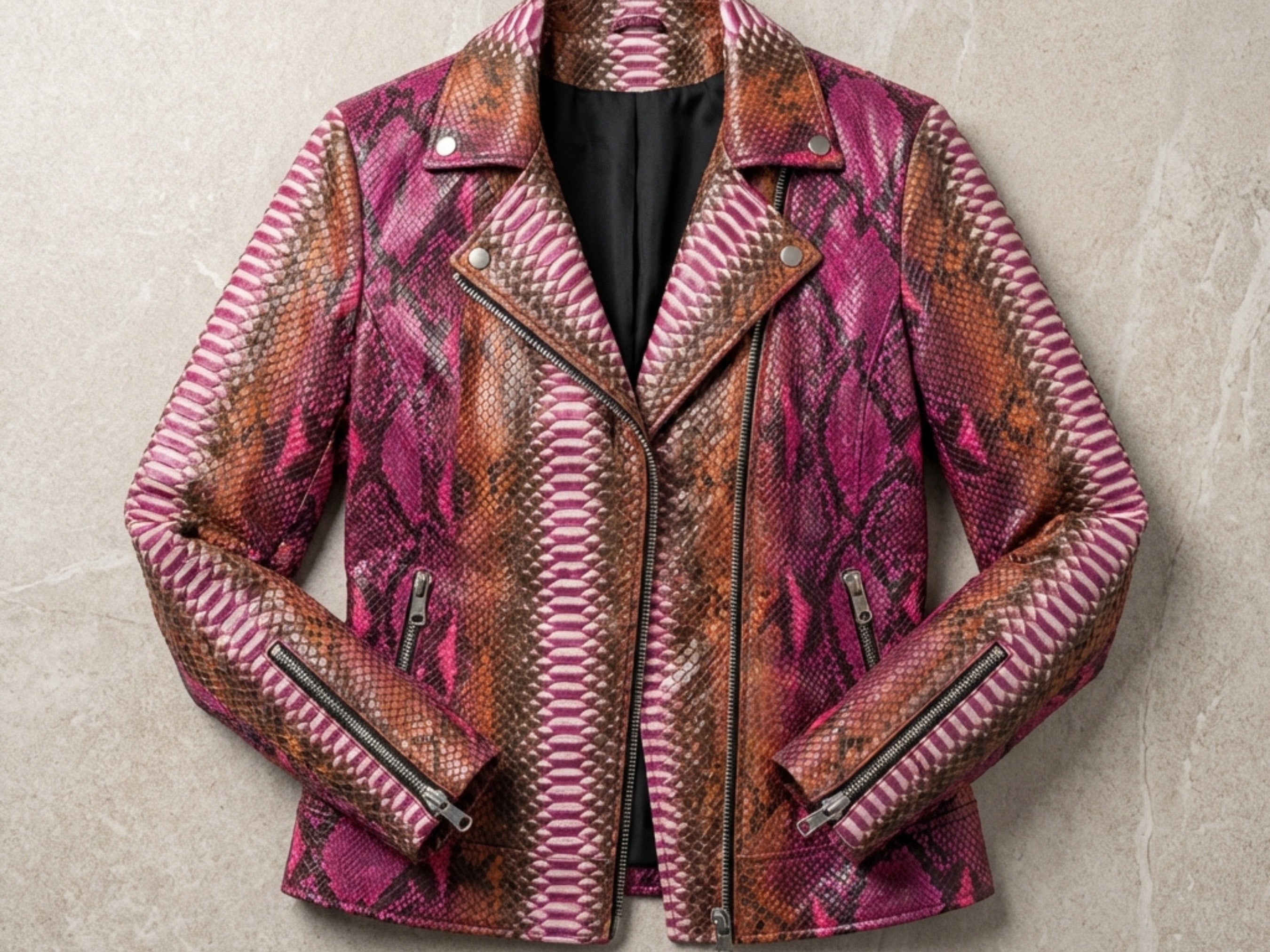Pink and brown snakeskin leather biker jacket front view with double-zip pockets