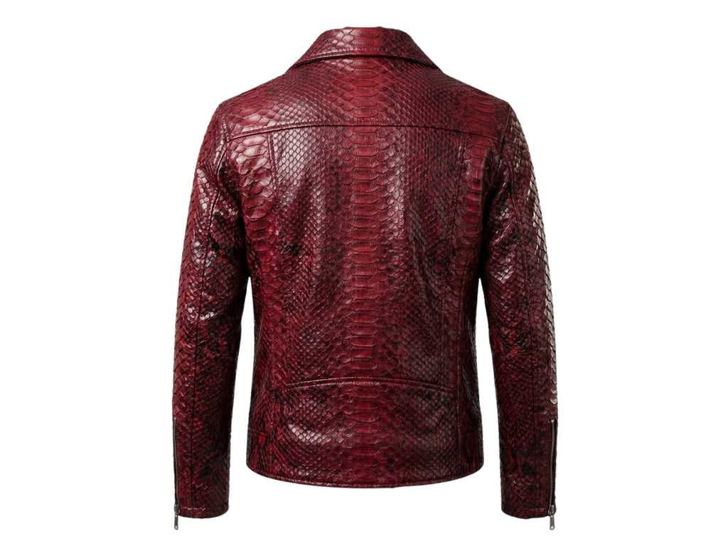 Red python snakeskin biker jacket back view with raised collar and zip cuffs