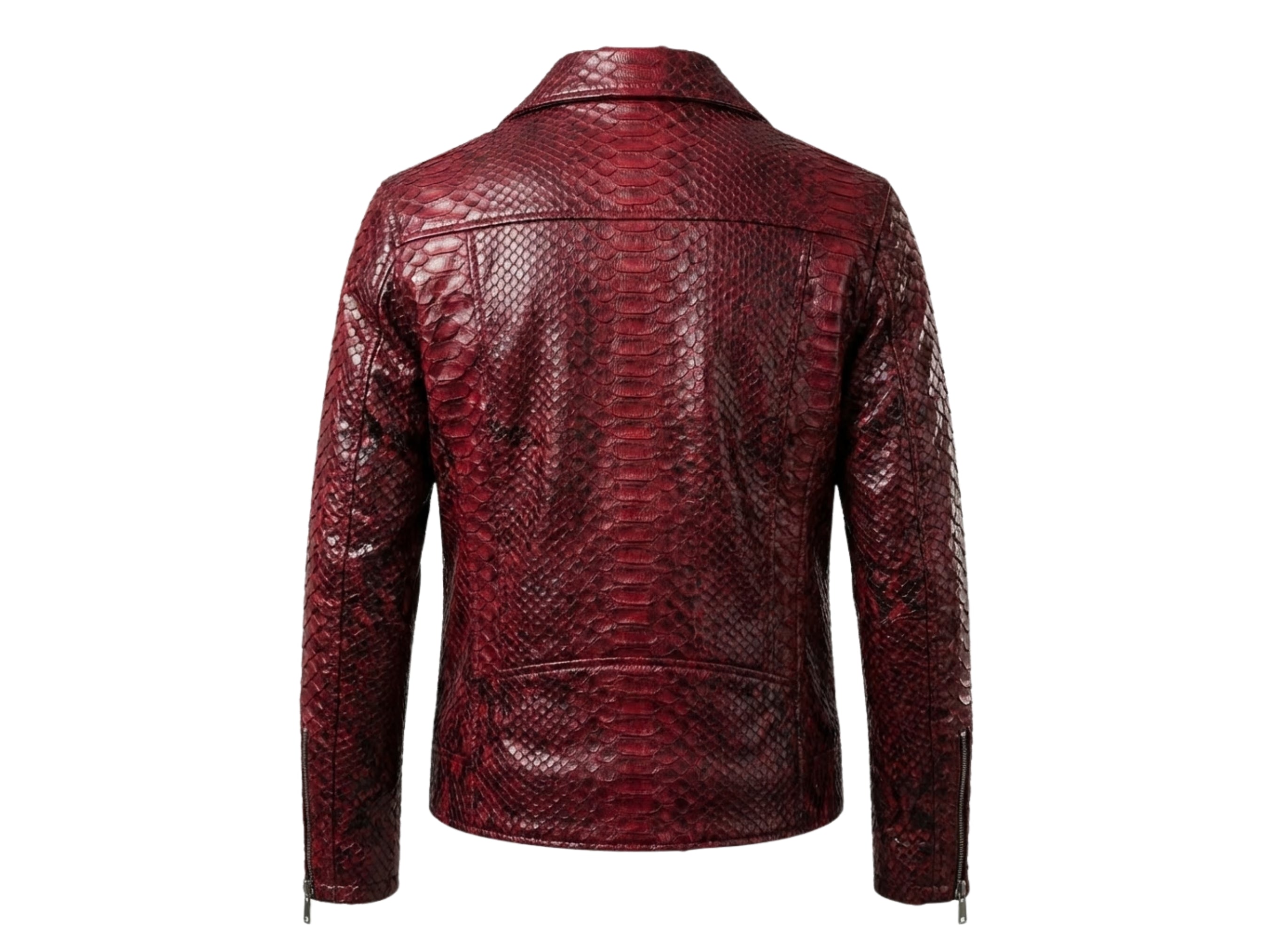 Red python snakeskin biker jacket back view with raised collar and zip cuffs