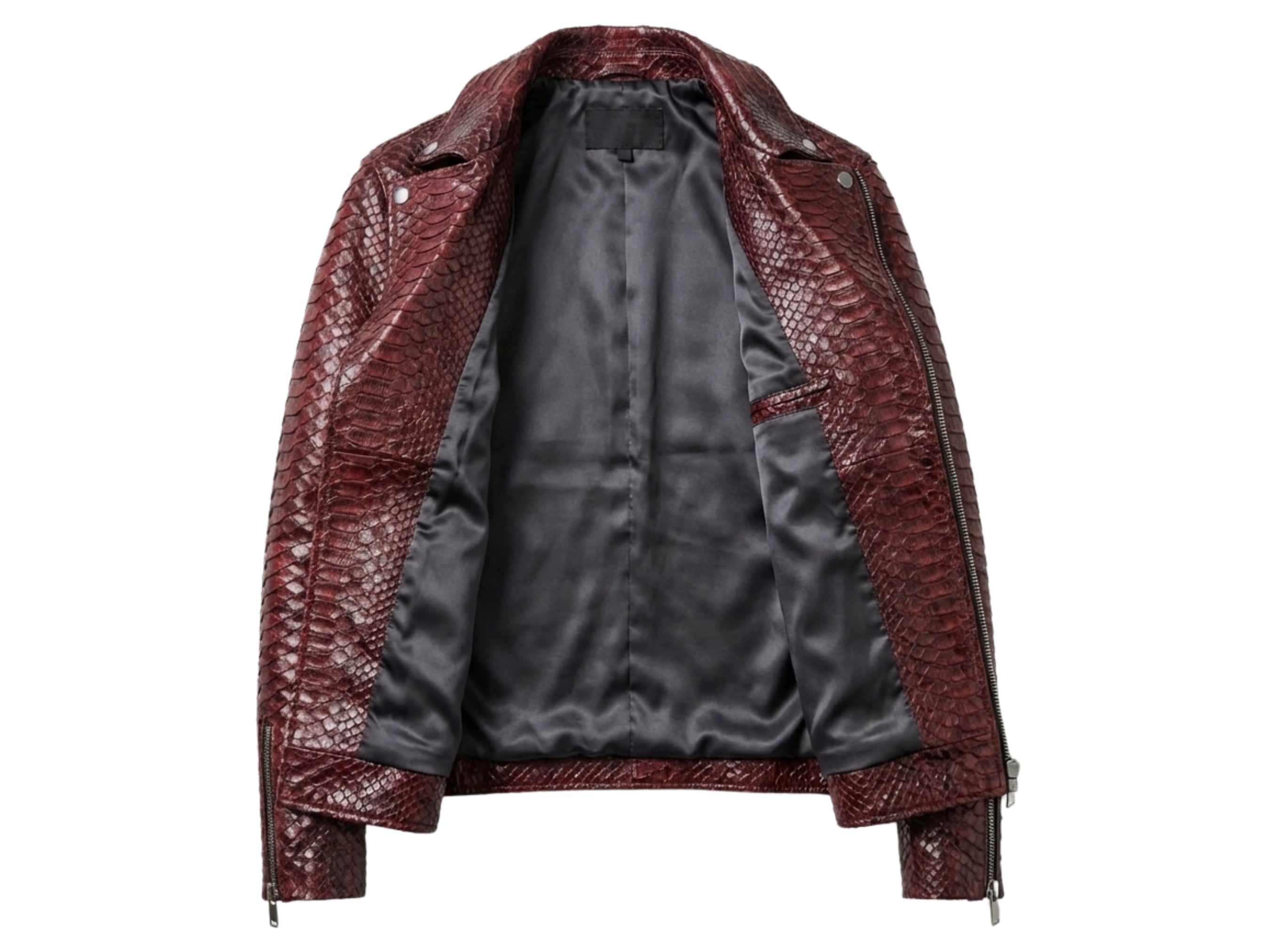 Burgundy python snakeskin leather biker jacket lining view with back yoke and zippers