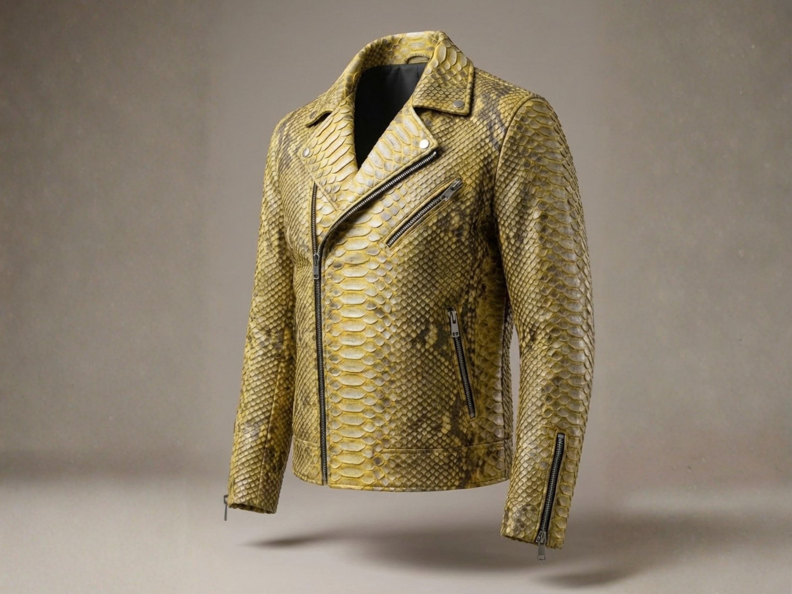 Gold snakeskin biker jacket with asymmetrical zip, lapel collar, and side zip pockets