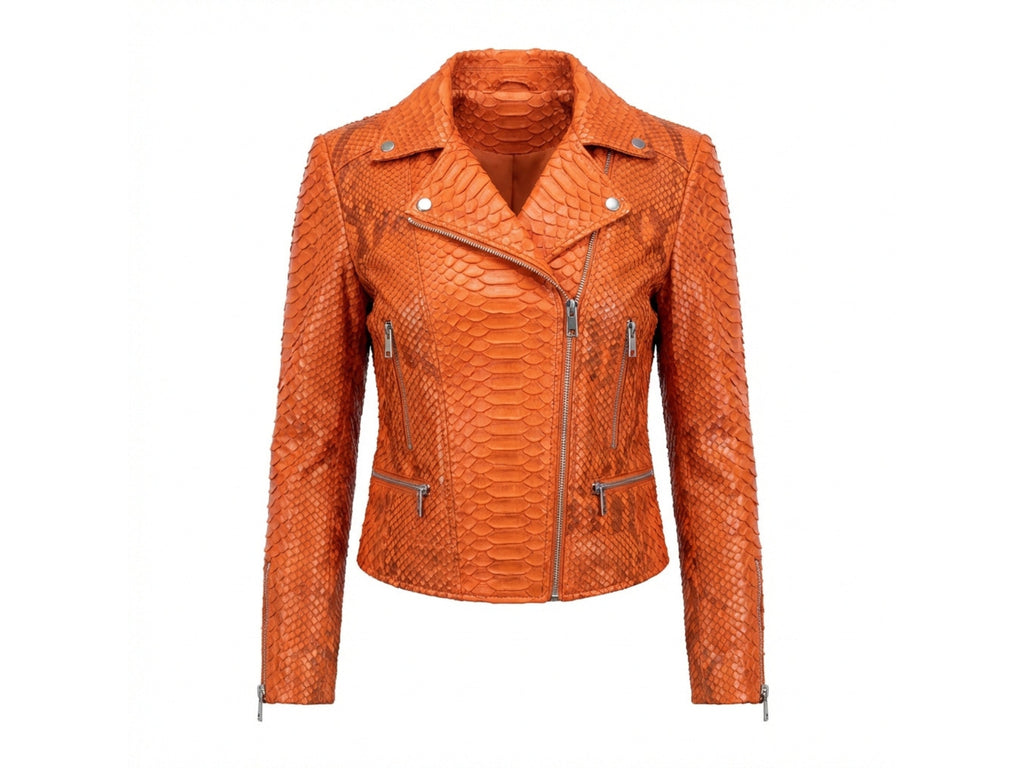 Burnt orange snakeskin-texture leather biker jacket front view with asymmetrical zip and snap collar
