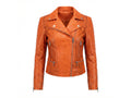 Burnt orange snakeskin-texture leather biker jacket front view with asymmetrical zip and snap collar