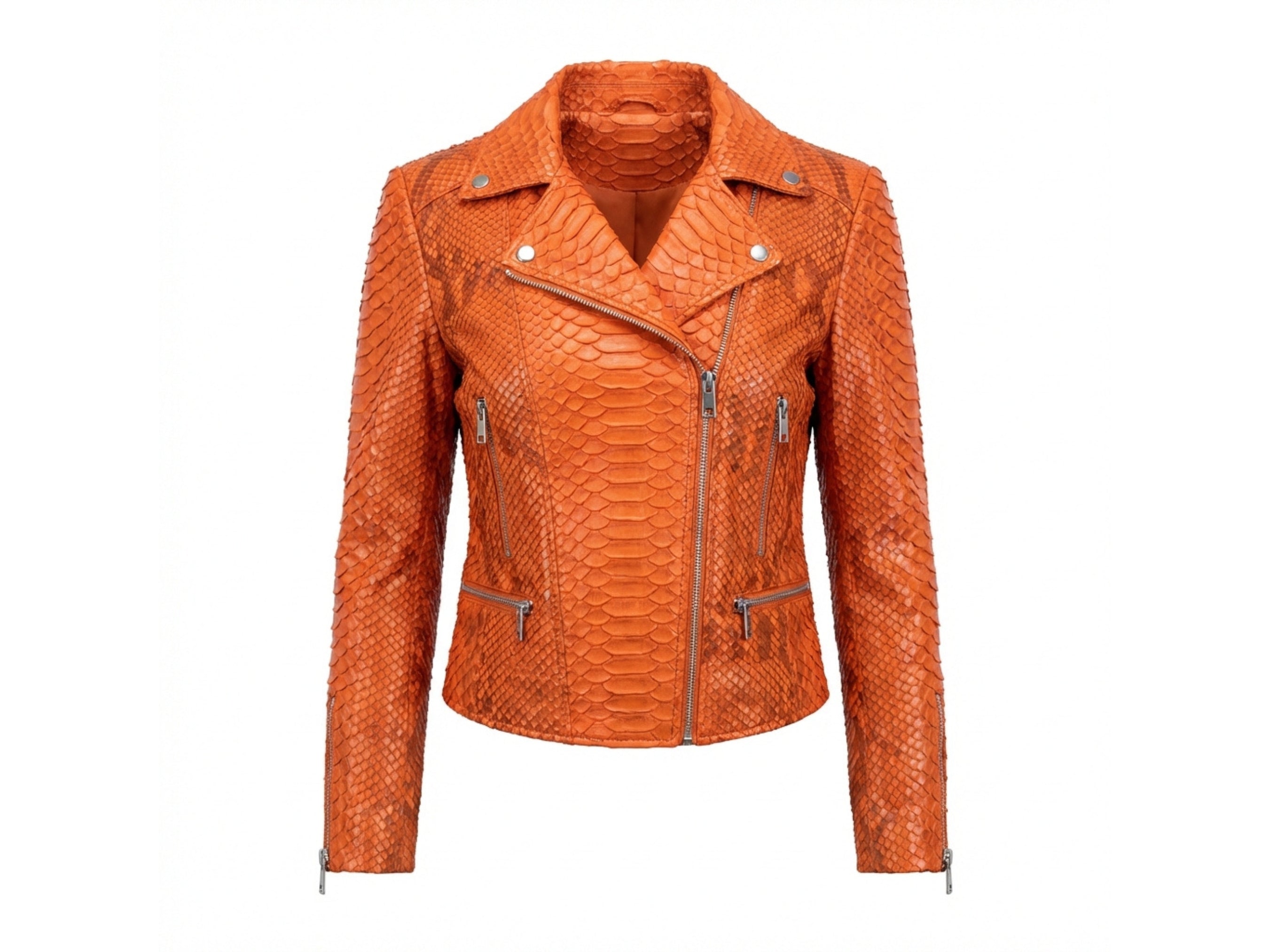 Burnt orange snakeskin-texture leather biker jacket front view with asymmetrical zip and snap collar