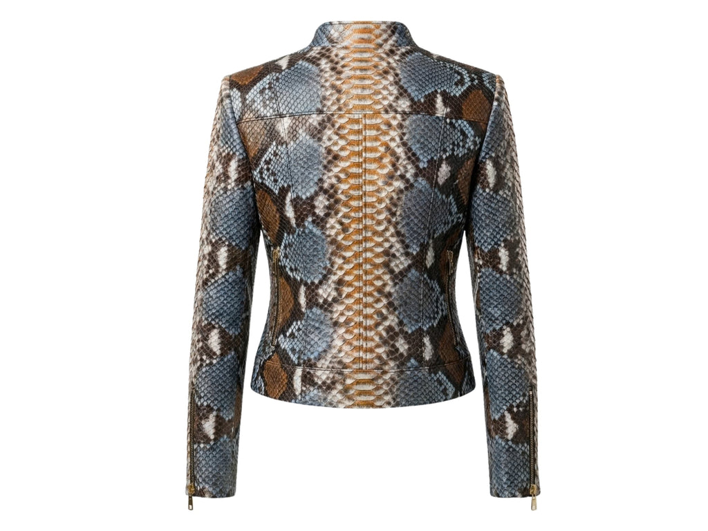 Snakeskin leather jacket with blue and brown scale pattern, cropped length, zip front