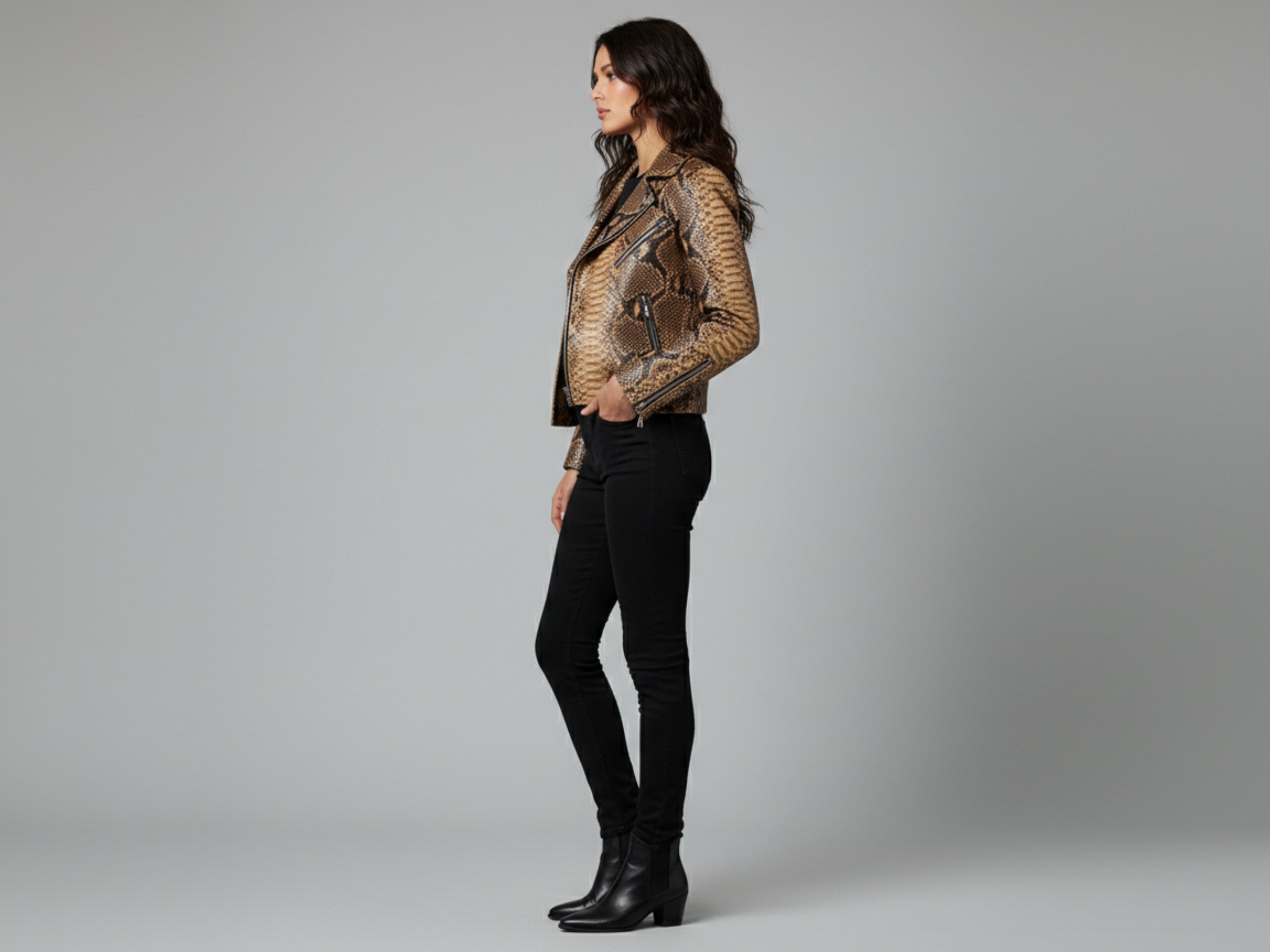 Snakeskin leather biker jacket, side view, natural brown with zipper and lapels