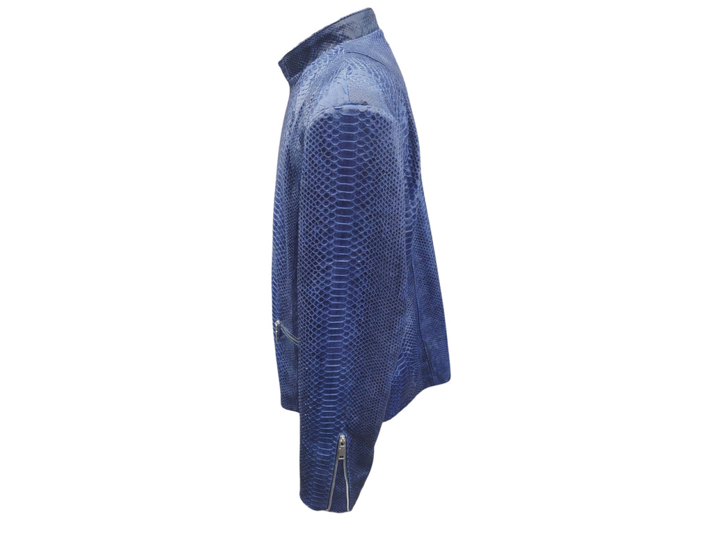 Blue snakeskin leather jacket side view with front zip and small front pocket