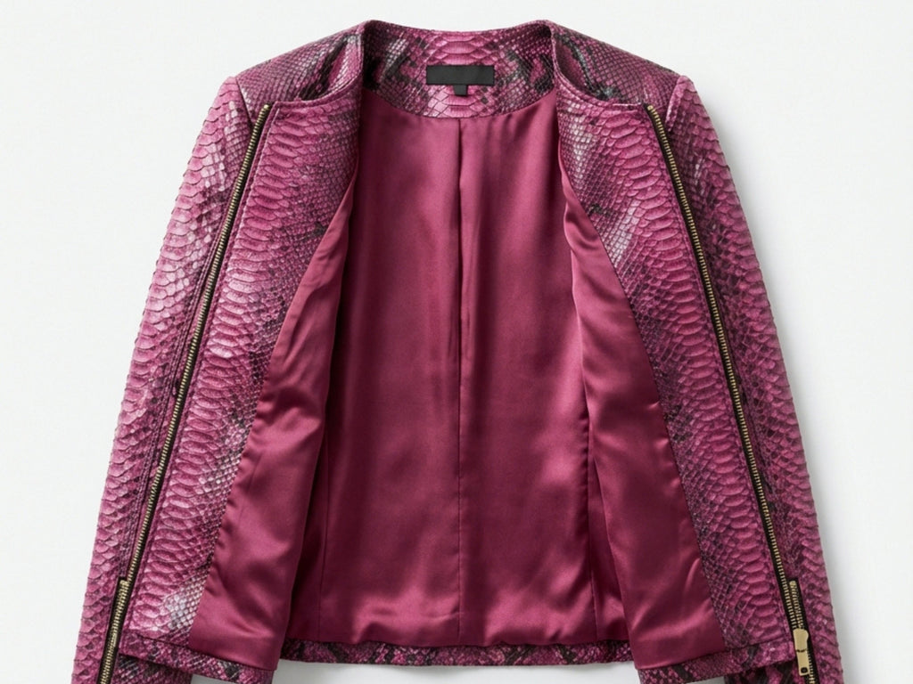 Pink burgundy snakeskin leather jacket with gold zipper, satin lining, open front