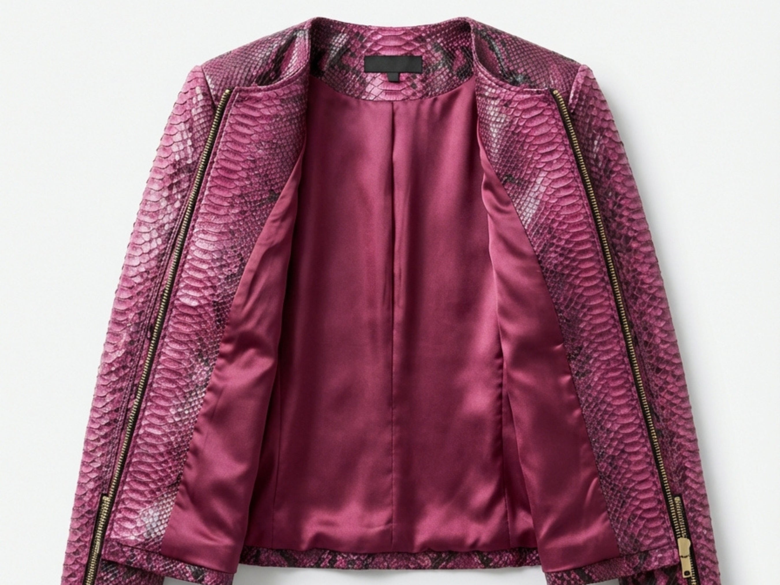 Pink burgundy snakeskin leather jacket with gold zipper, satin lining, open front