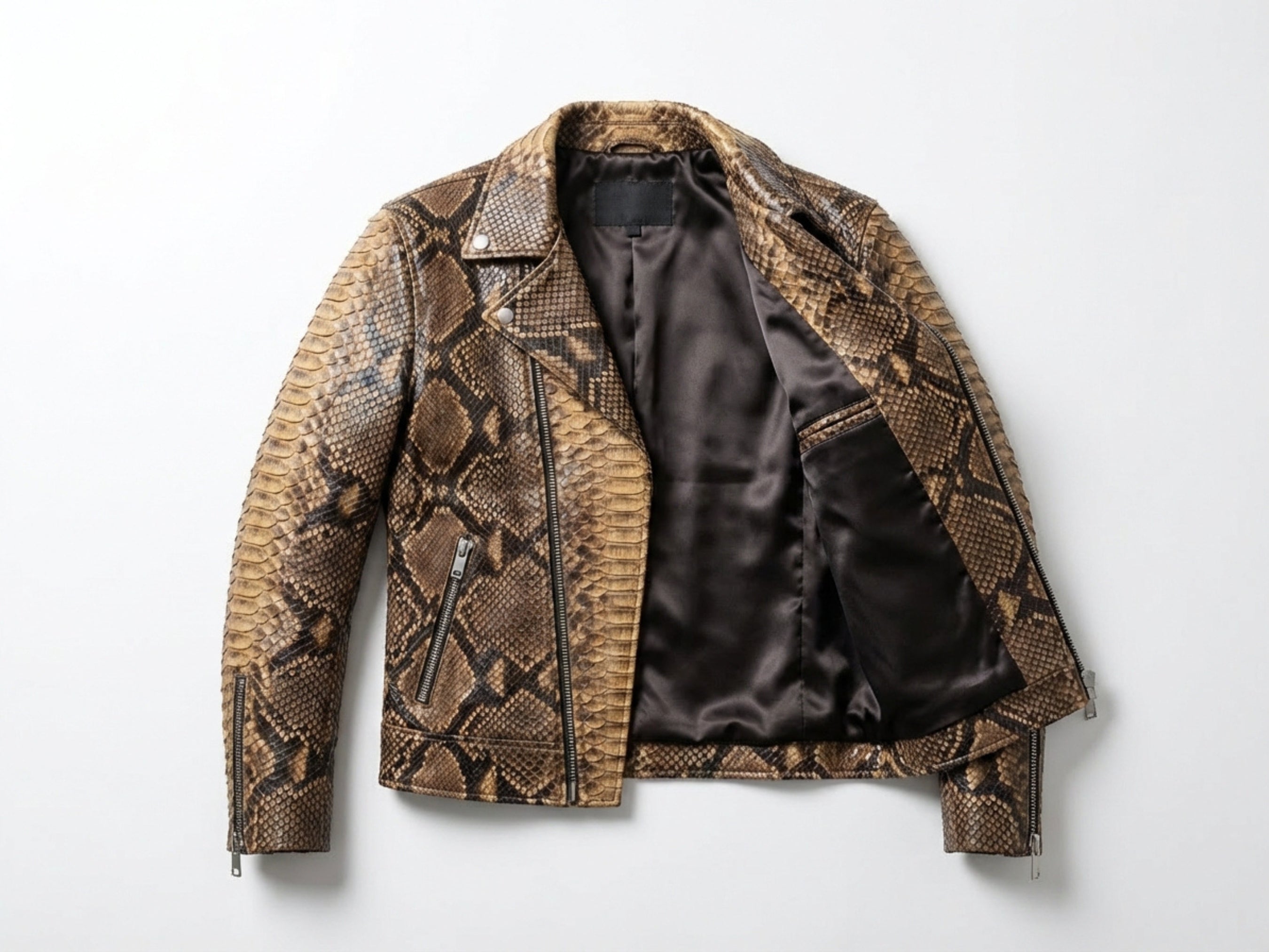 Natural brown snakeskin leather biker jacket, open front showing black satin lining