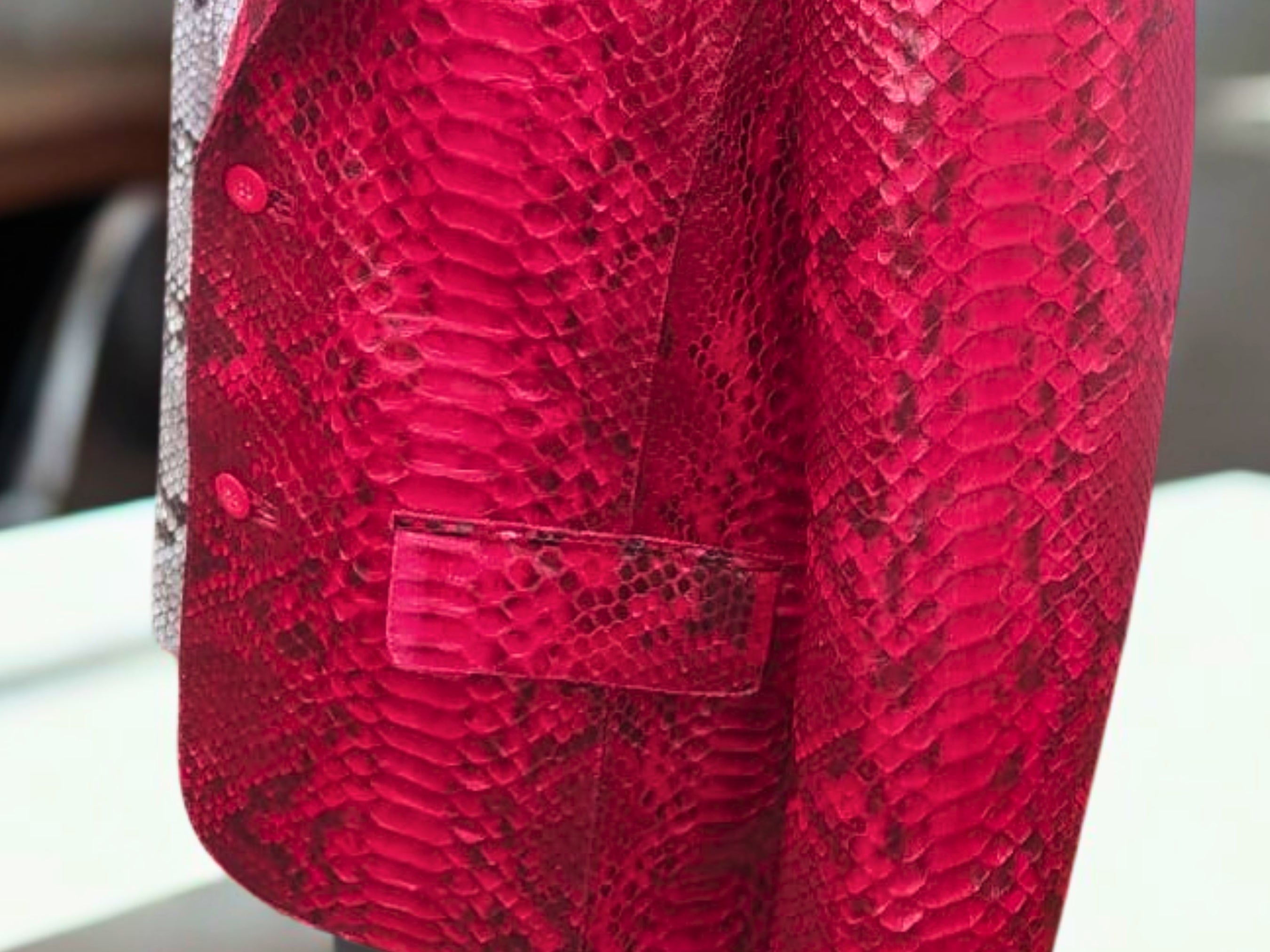 Snakeskin blazer chest pocket detail, red snake-print with silver side panel.