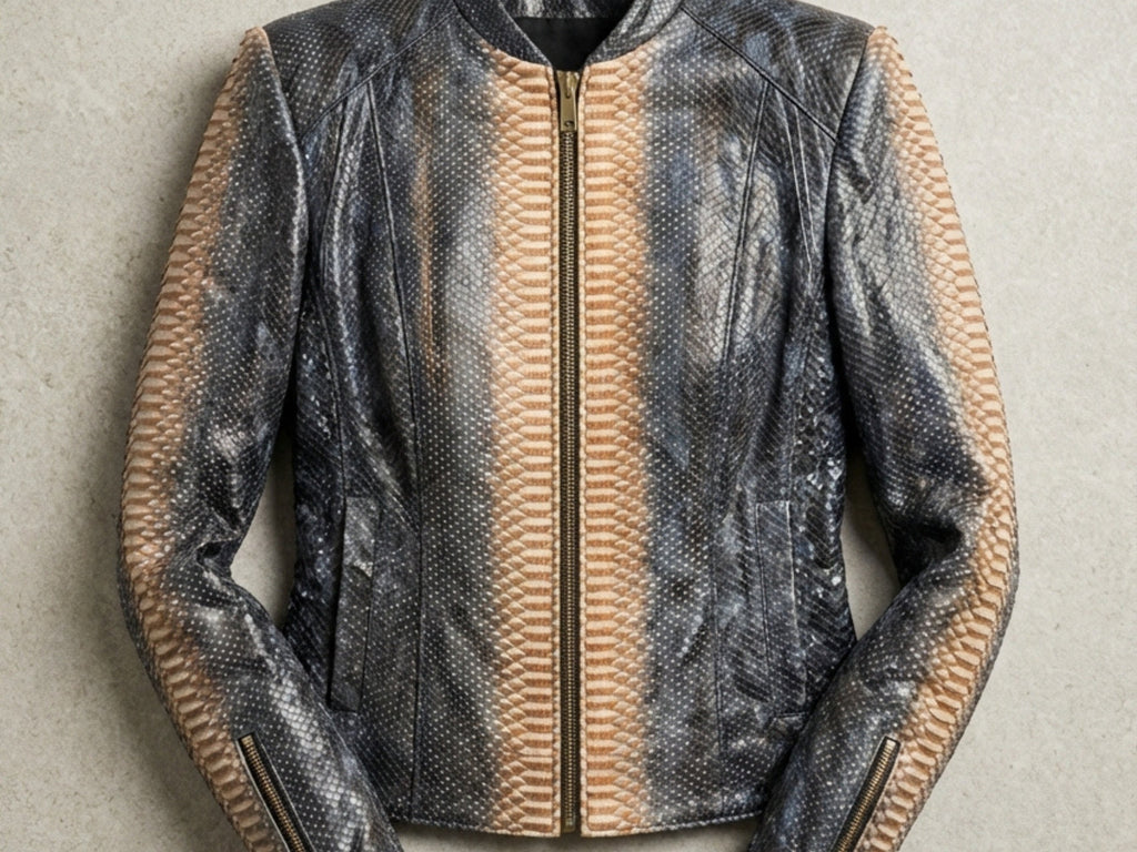 Snakeskin-style jacket with front zip, stand collar, dark charcoal pattern