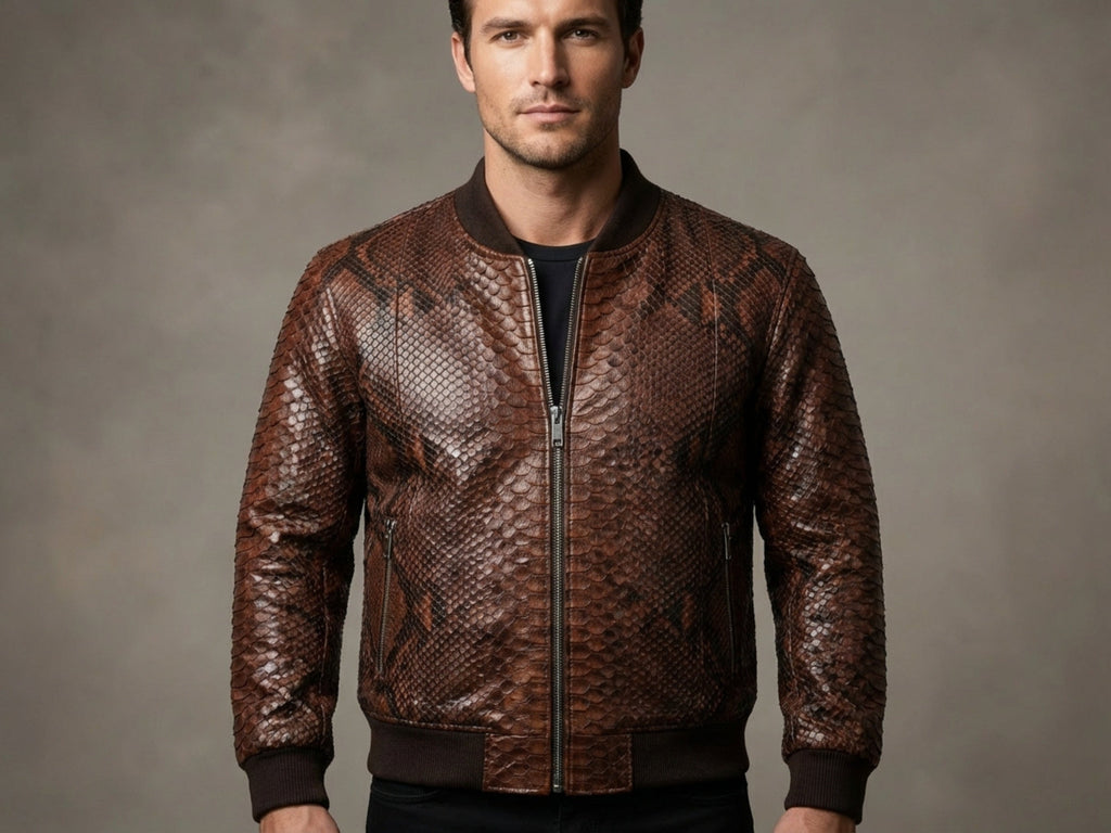 Brown snakeskin leather bomber jacket with front zipper and ribbed cuffs