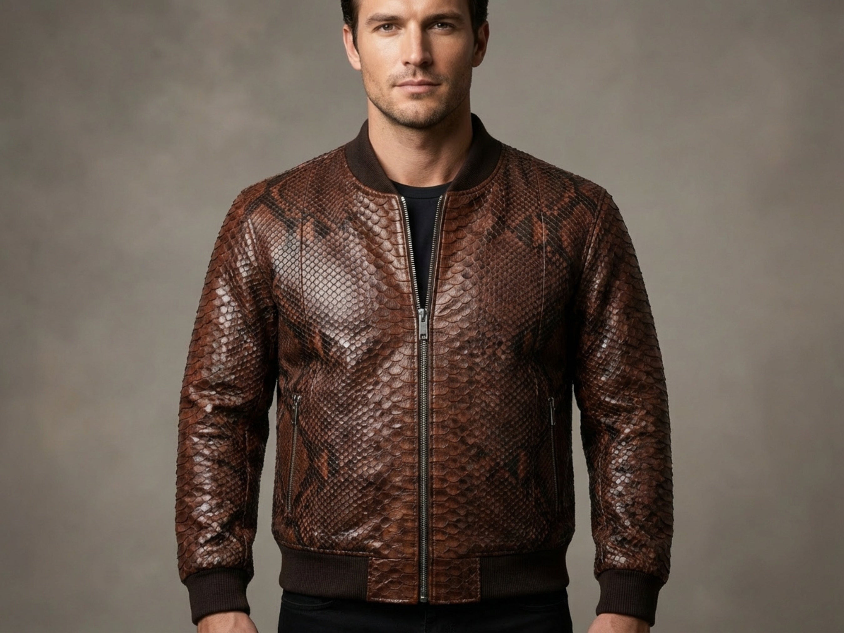 Brown snakeskin leather bomber jacket with front zipper and ribbed cuffs