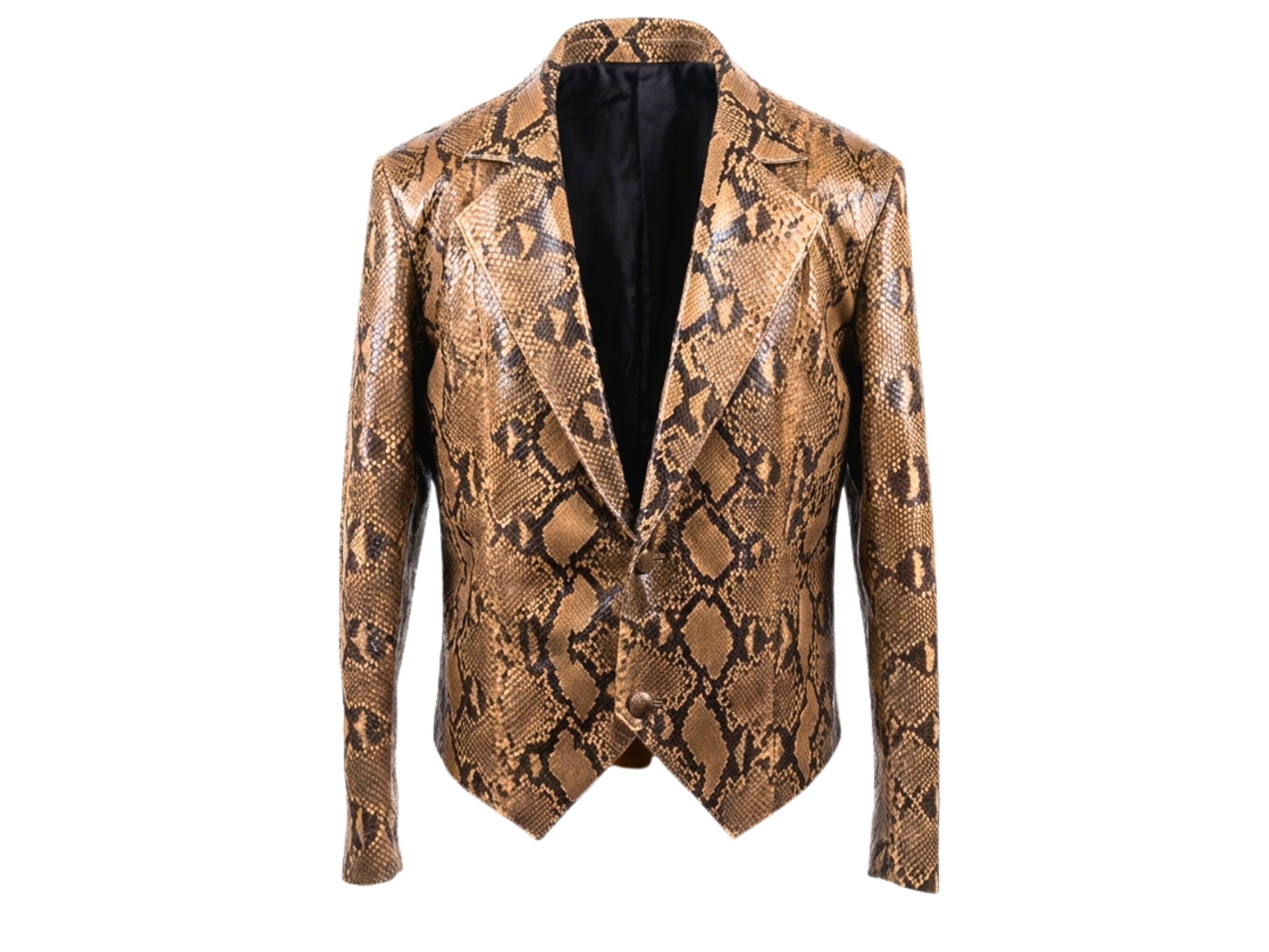 Brown python snakeskin leather blazer with notch lapels and single-breast design