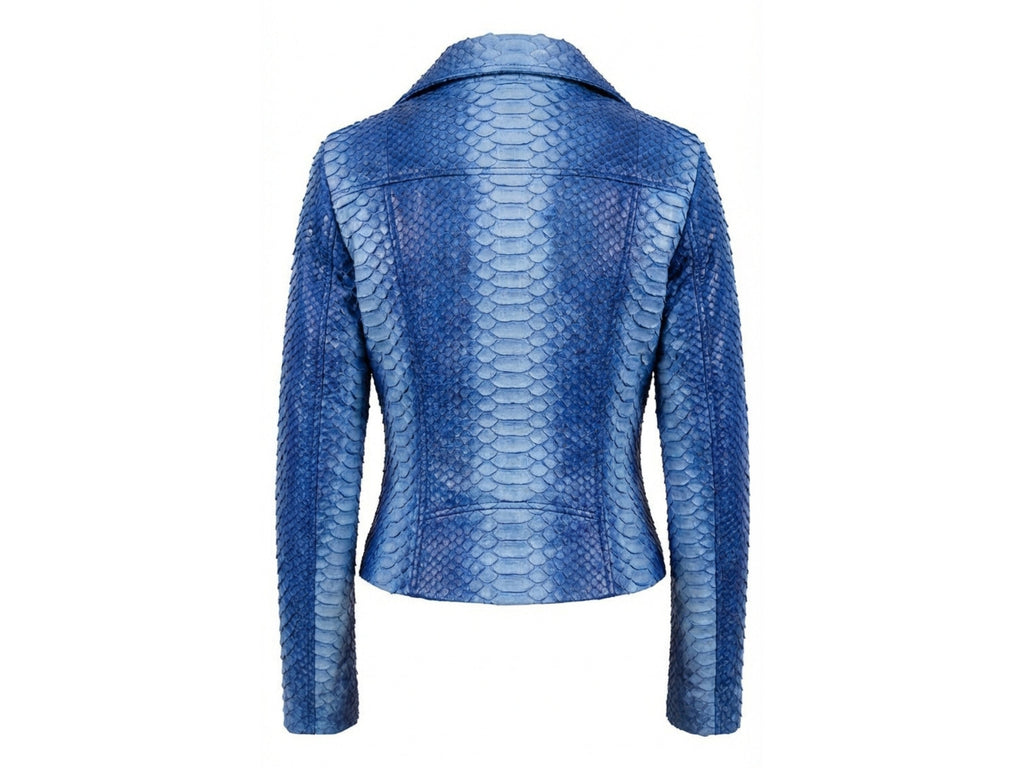 Blue python snakeskin biker jacket with stand collar and front zipper, back view