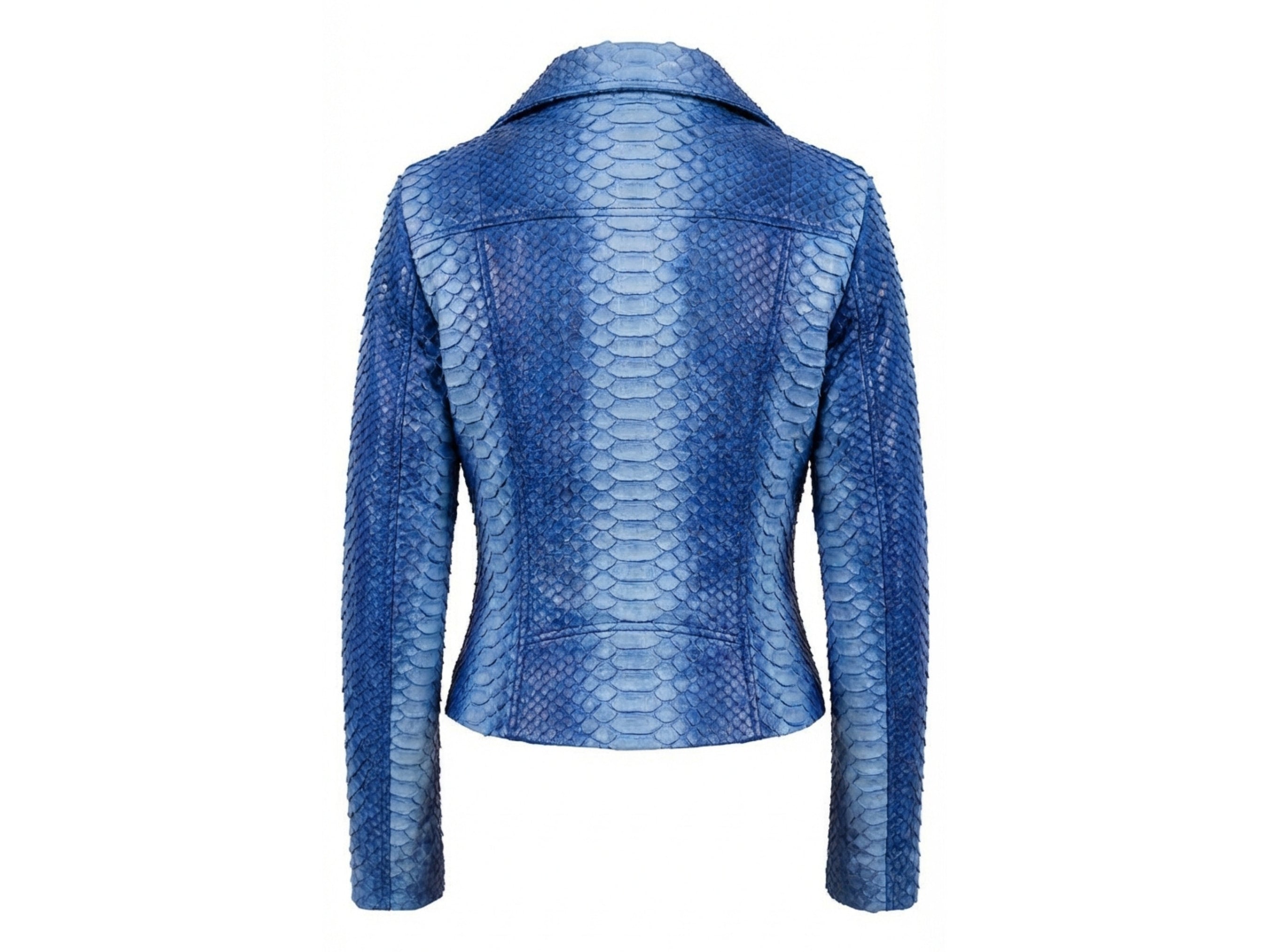 Blue python snakeskin biker jacket with stand collar and front zipper, back view