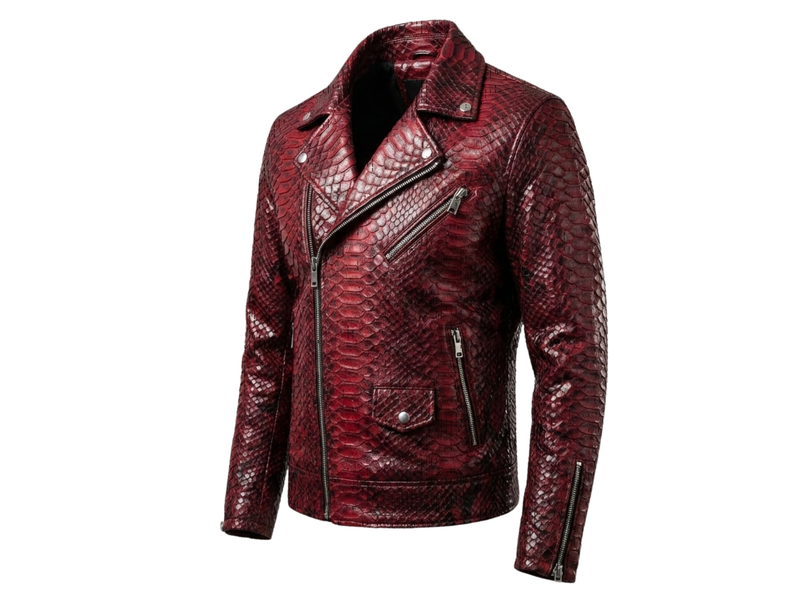 Red python snakeskin biker jacket with stand collar, asymmetrical zip, and zip pockets