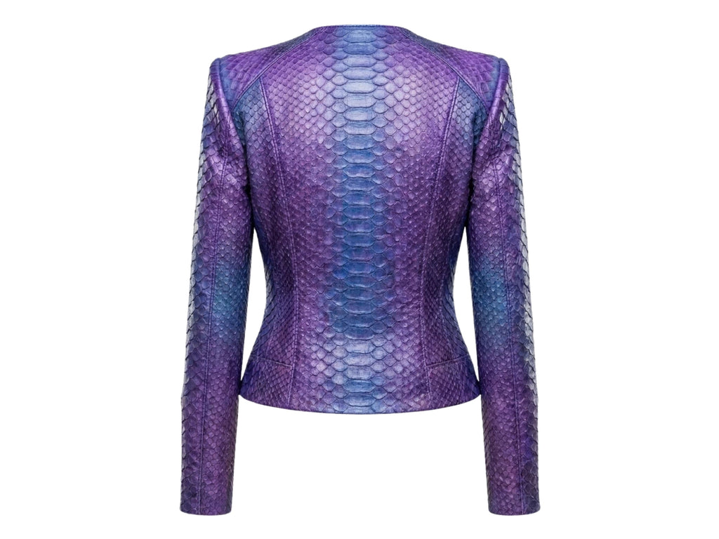 Purple-blue snakeskin jacket with long sleeves and fitted cropped cut.