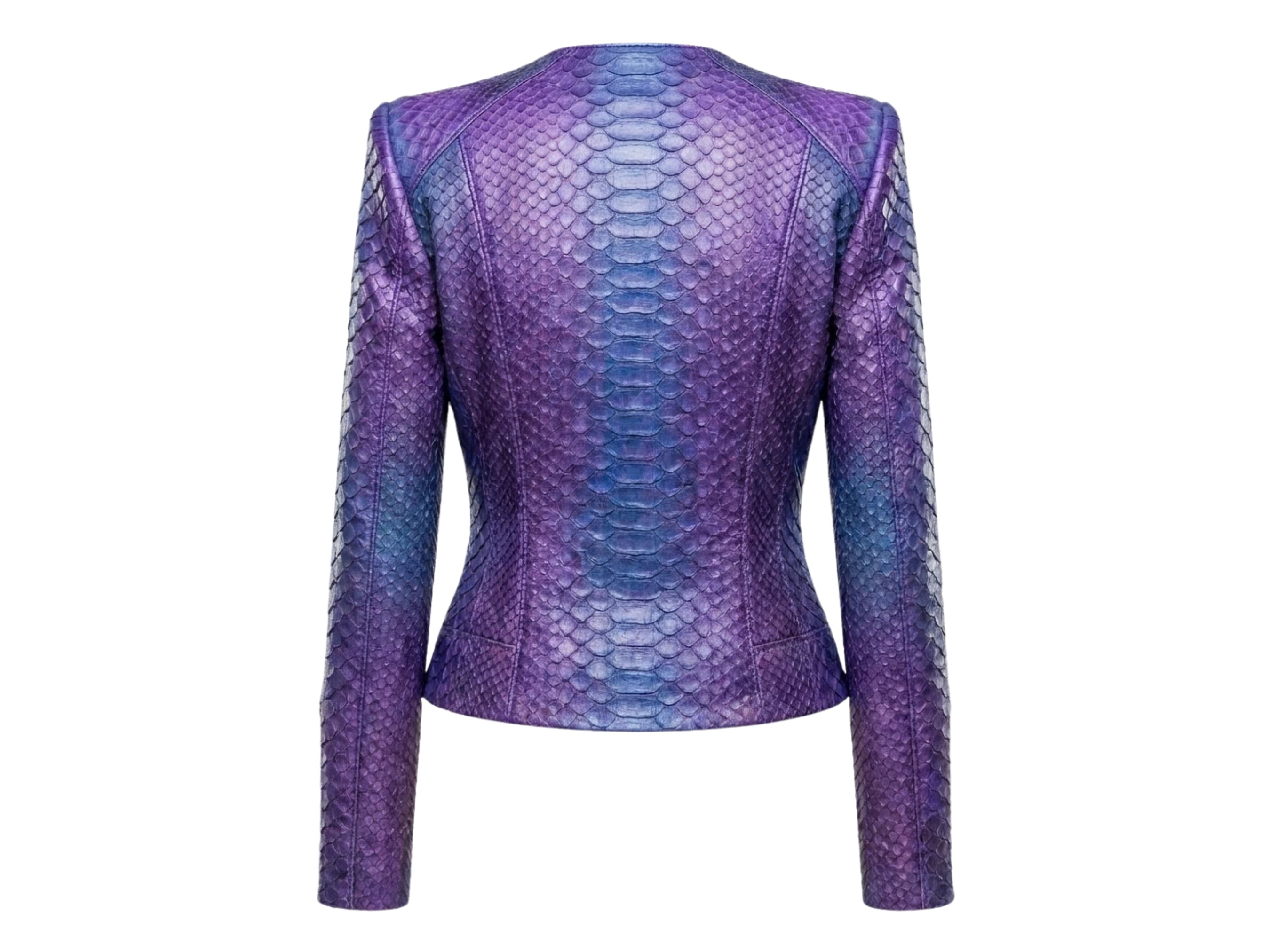 Purple-blue snakeskin jacket with long sleeves and fitted cropped cut.