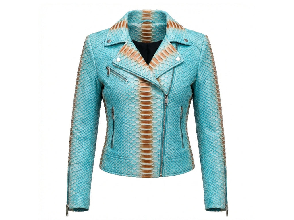 Turquoise snakeskin leather jacket with asymmetrical zip, snap collar, and zip pockets