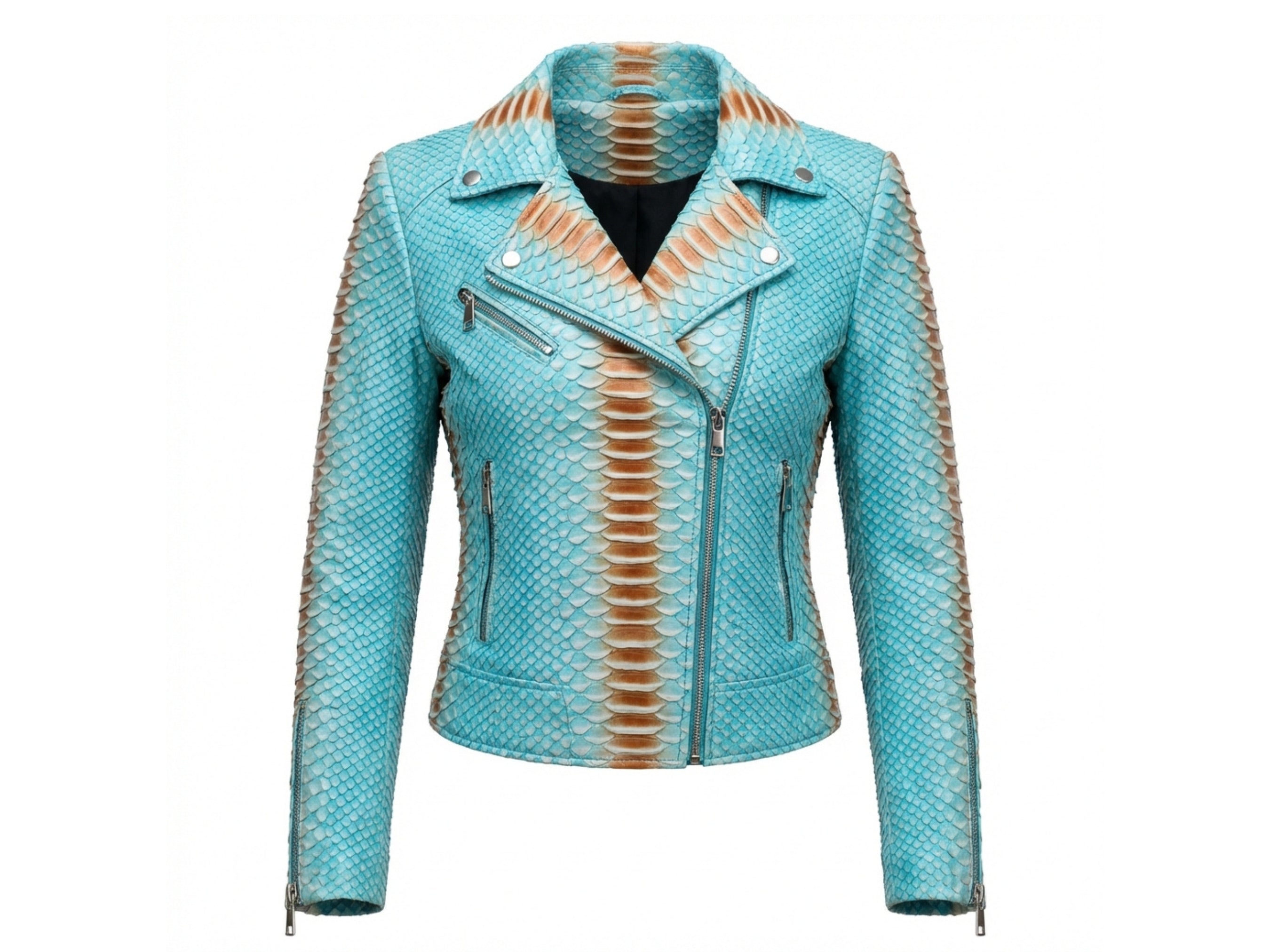 Turquoise snakeskin leather jacket with asymmetrical zip, snap collar, and zip pockets
