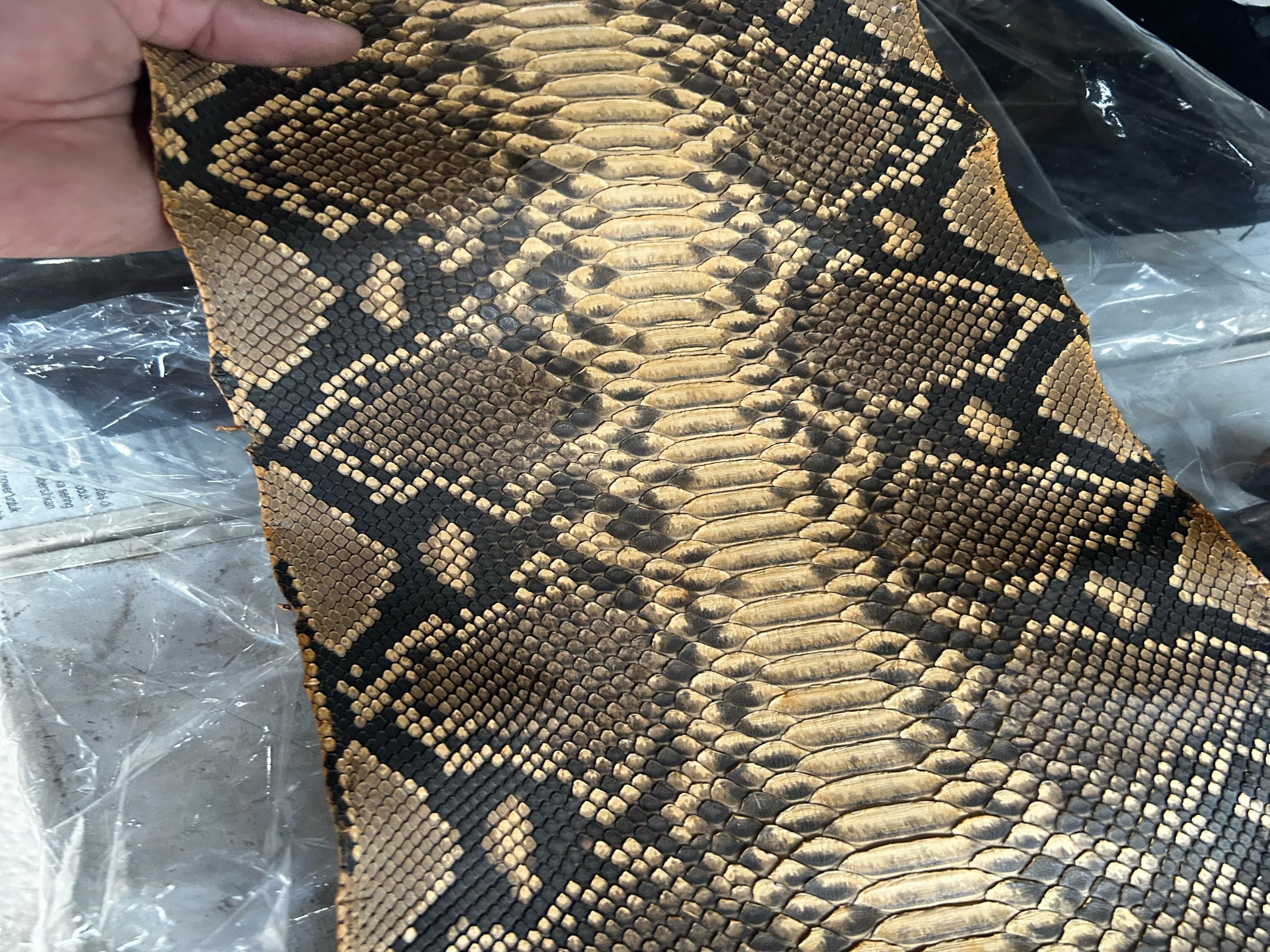 Snakeskin leather jacket close-up, natural brown python scale texture panel