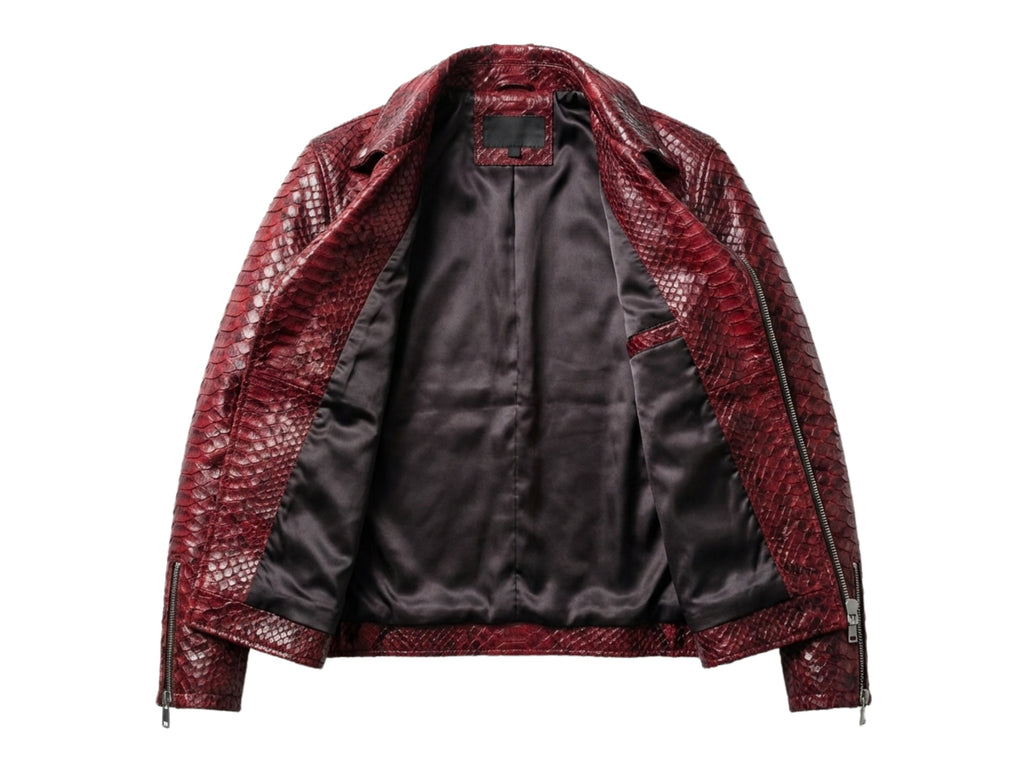 Red python snakeskin biker jacket back view with black satin lining and yoke seam