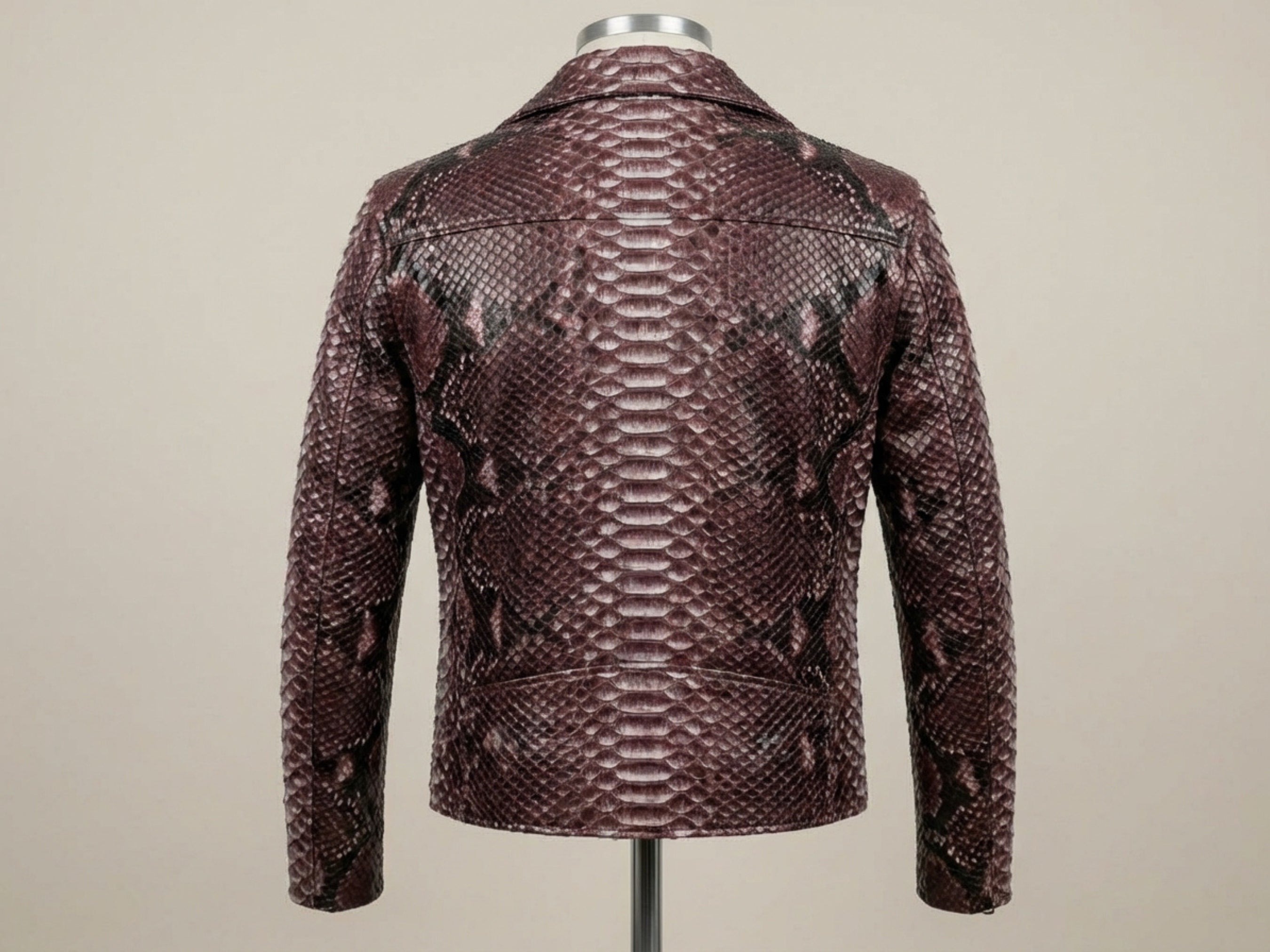 Men’s python snakeskin leather biker jacket back view, gradient burgundy texture