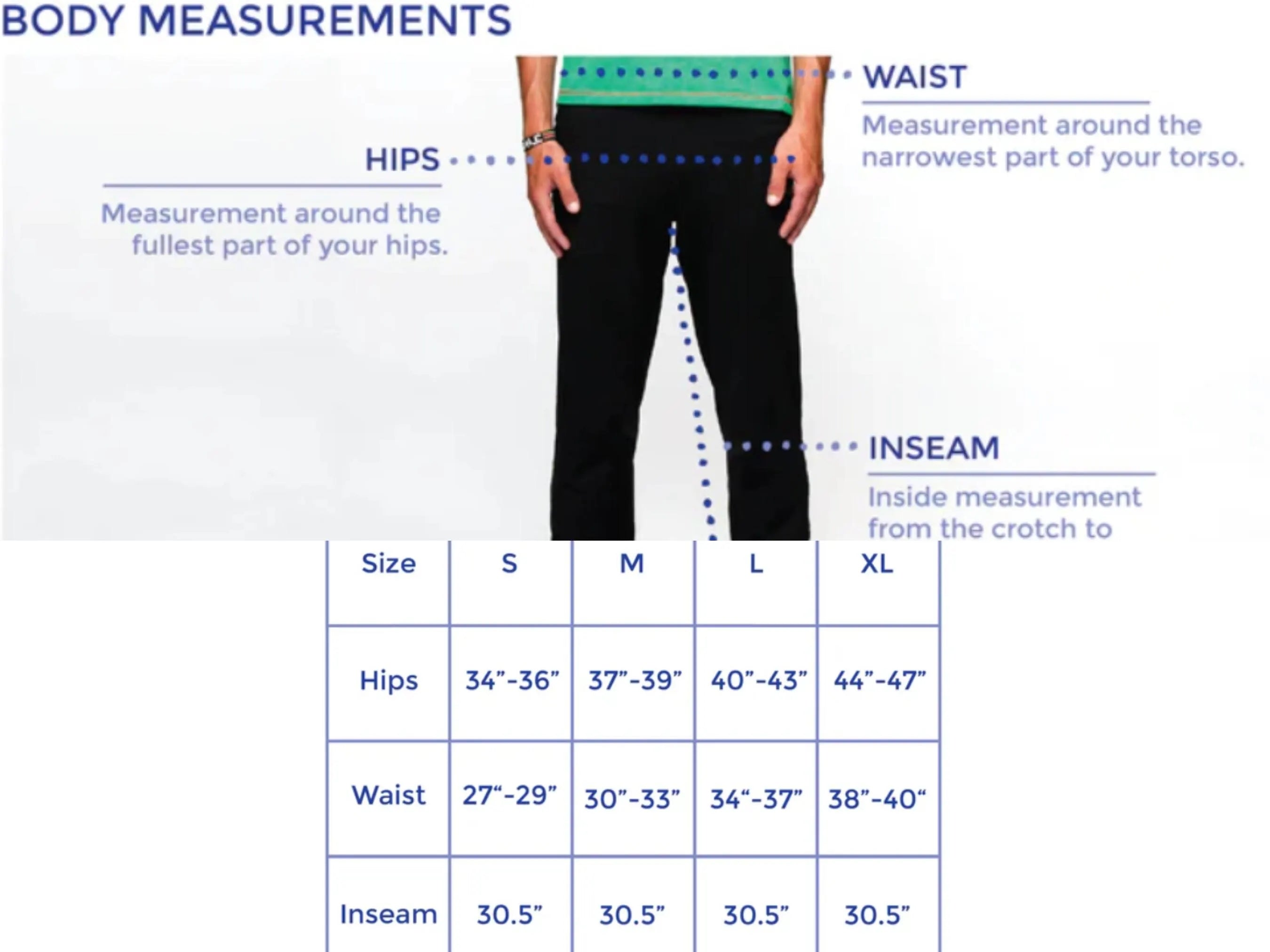 Body measurements size chart for suit pants: hips, waist, and inseam by size