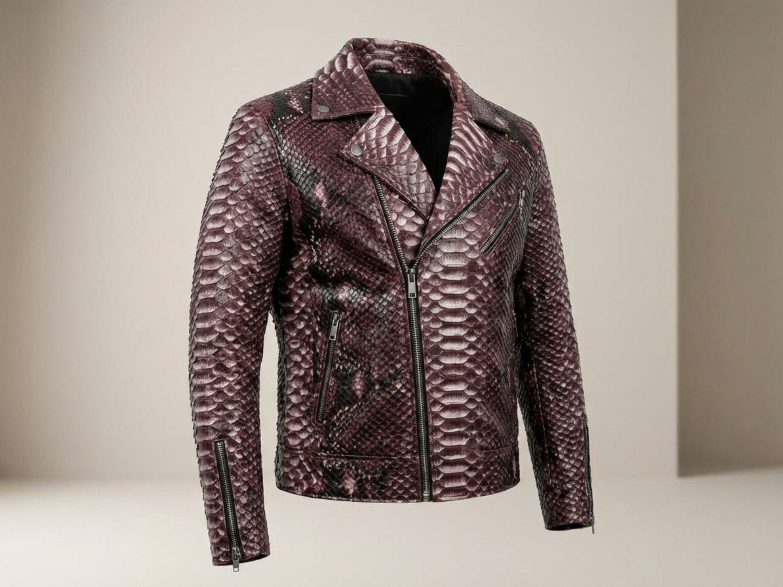 Snakeskin leather biker jacket with gradient burgundy finish, zip front and chest straps
