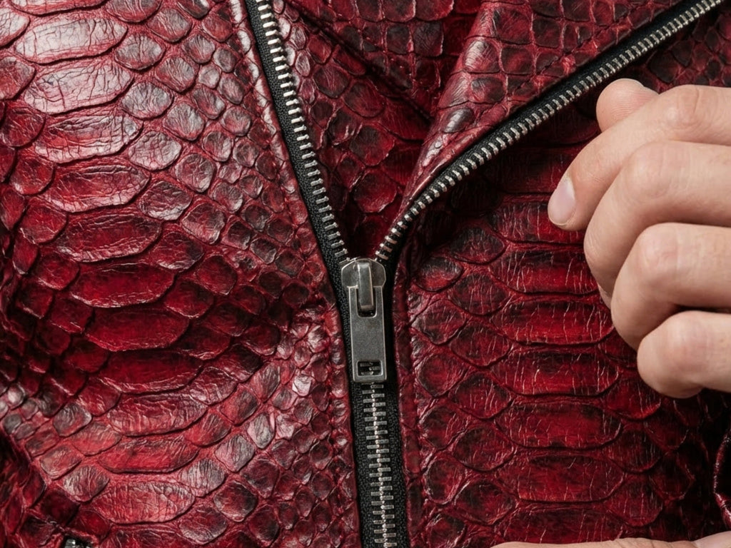 Red python snakeskin biker jacket close-up of silver zipper and zipper pull