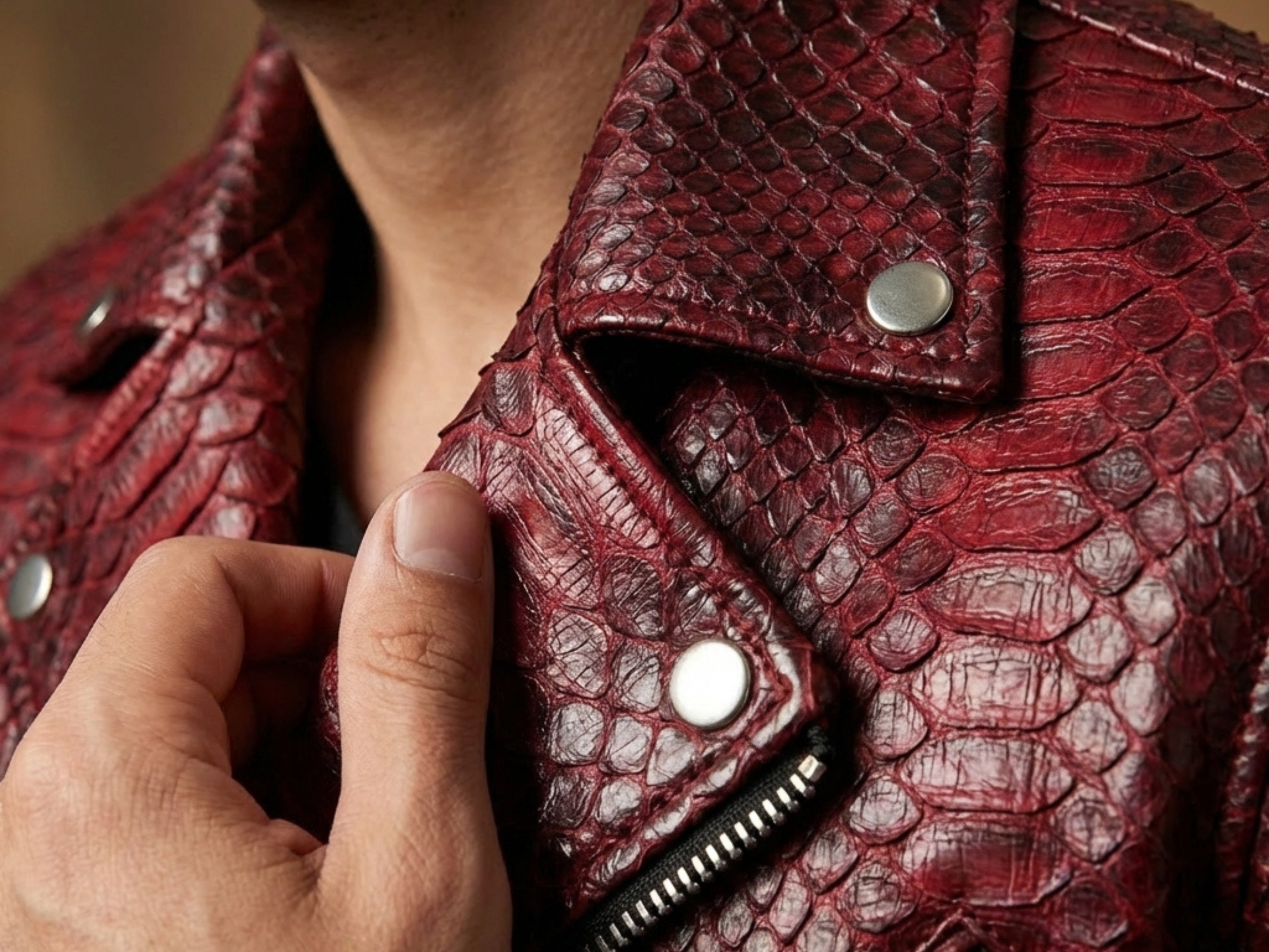 Red python snakeskin biker jacket close-up of snap buttons and metal studs