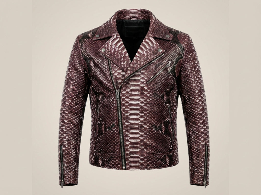 Men’s snakeskin leather biker jacket, gradient burgundy with zip front and notch collar