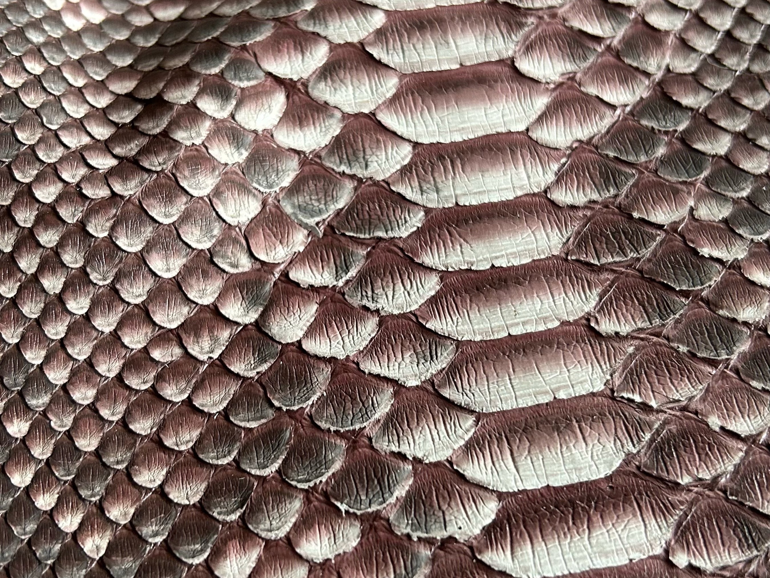 Burgundy snakeskin texture on leather jacket surface, scale pattern detail.
