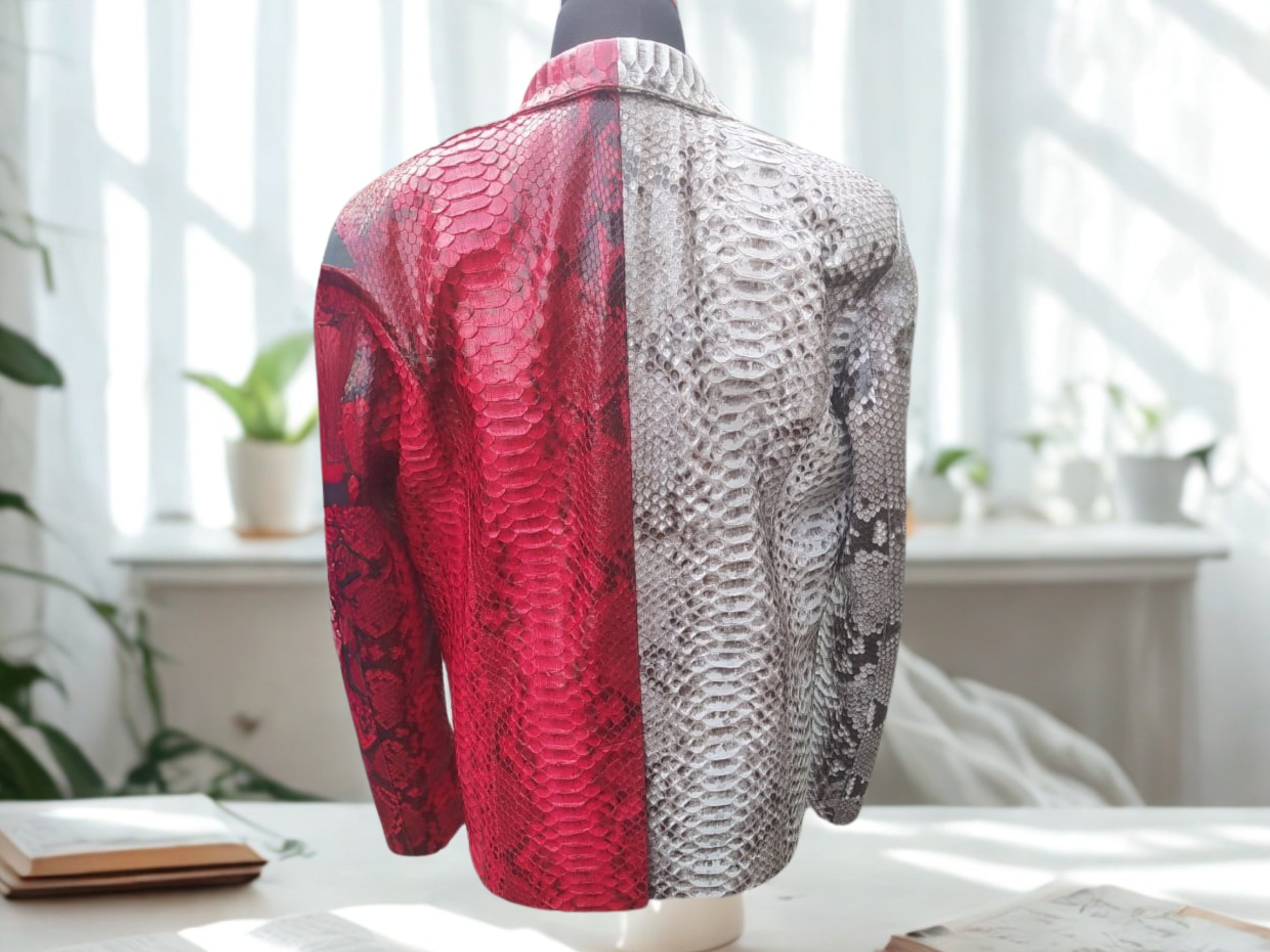 Snakeskin blazer back view, silver and red scale pattern, buttoned.