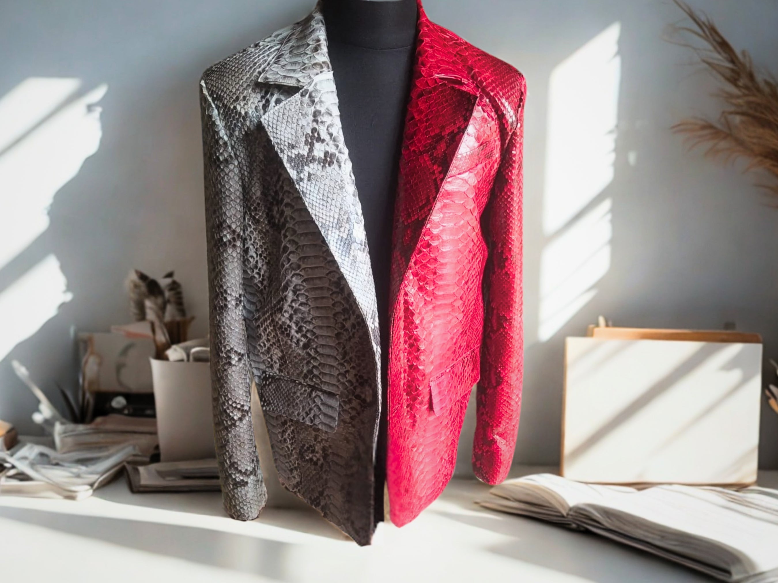 Snakeskin blazer with V lapels, red panel and silver snake-print side.