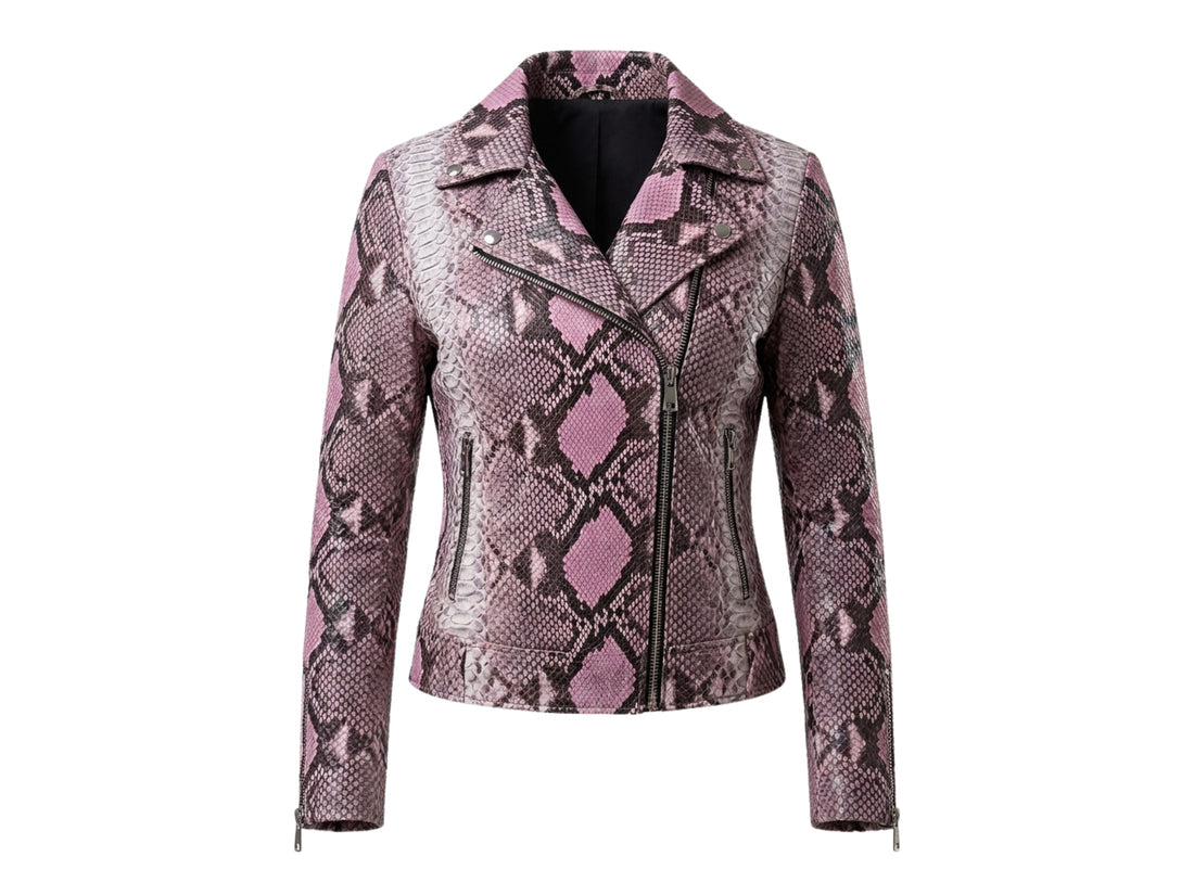 Pink snakeskin-pattern leather-style moto jacket with buttoned flap collar