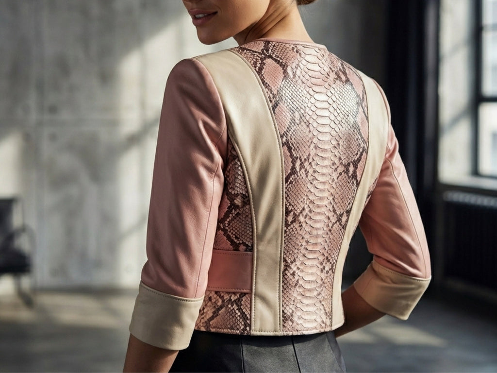 Side view of cream and blush pink leather bolero jacket with snakeskin back panel