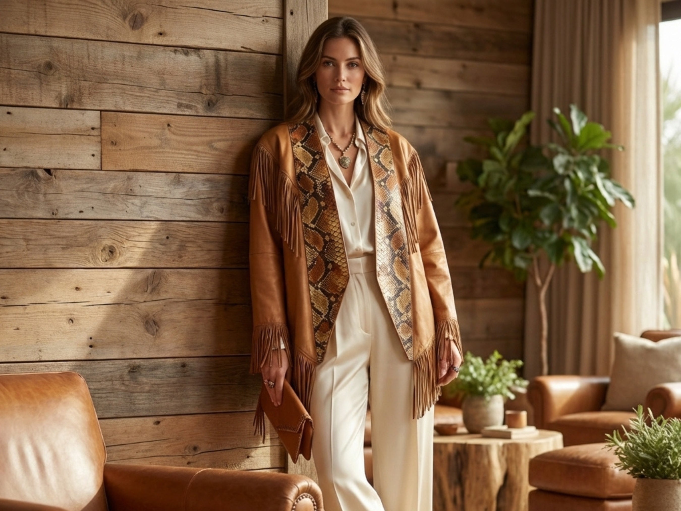 Tan suede snakeskin front cape jacket with fringe trim, worn open over an outfit